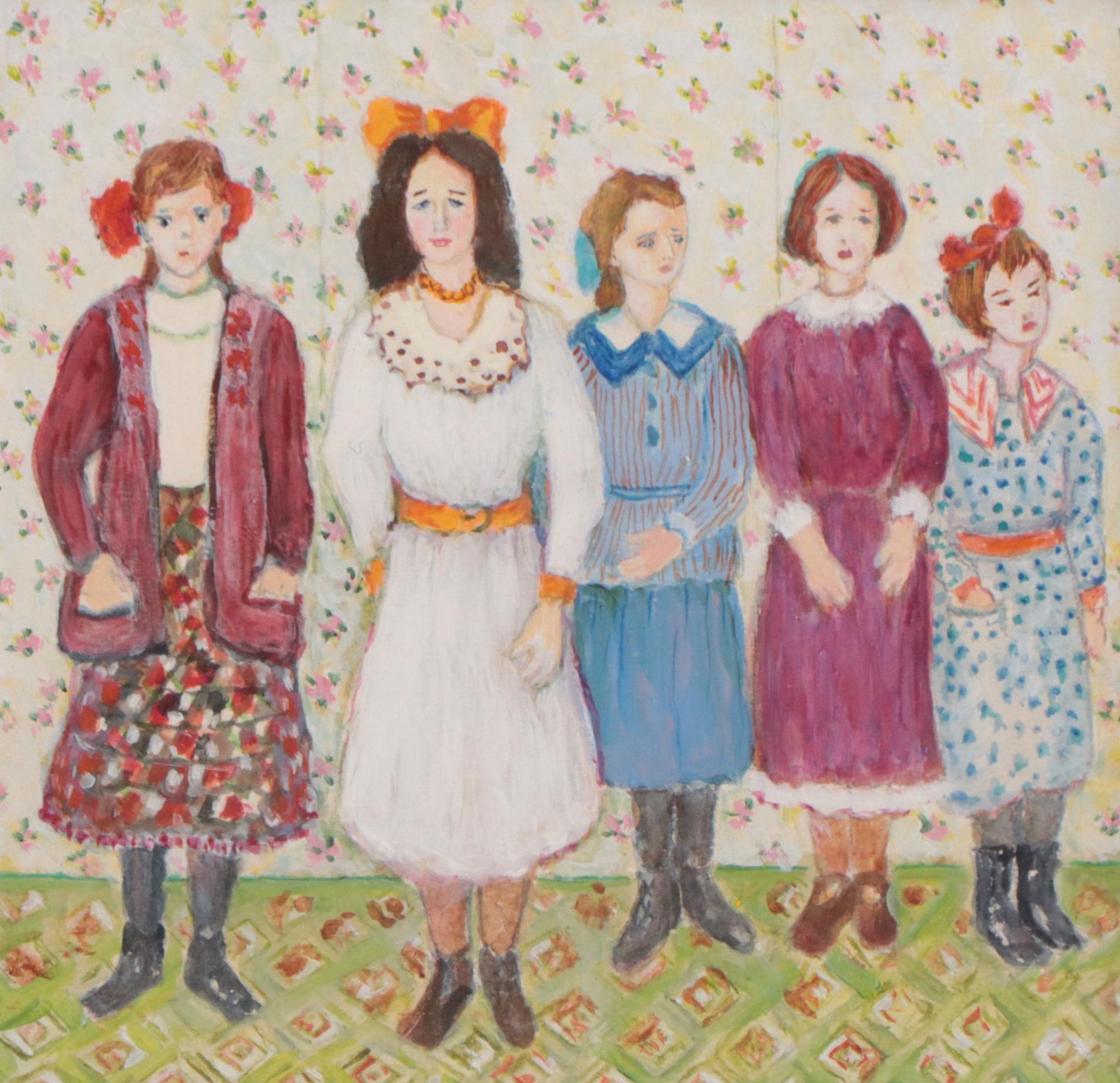 Watercolor Painting of Girls Standing in a Row