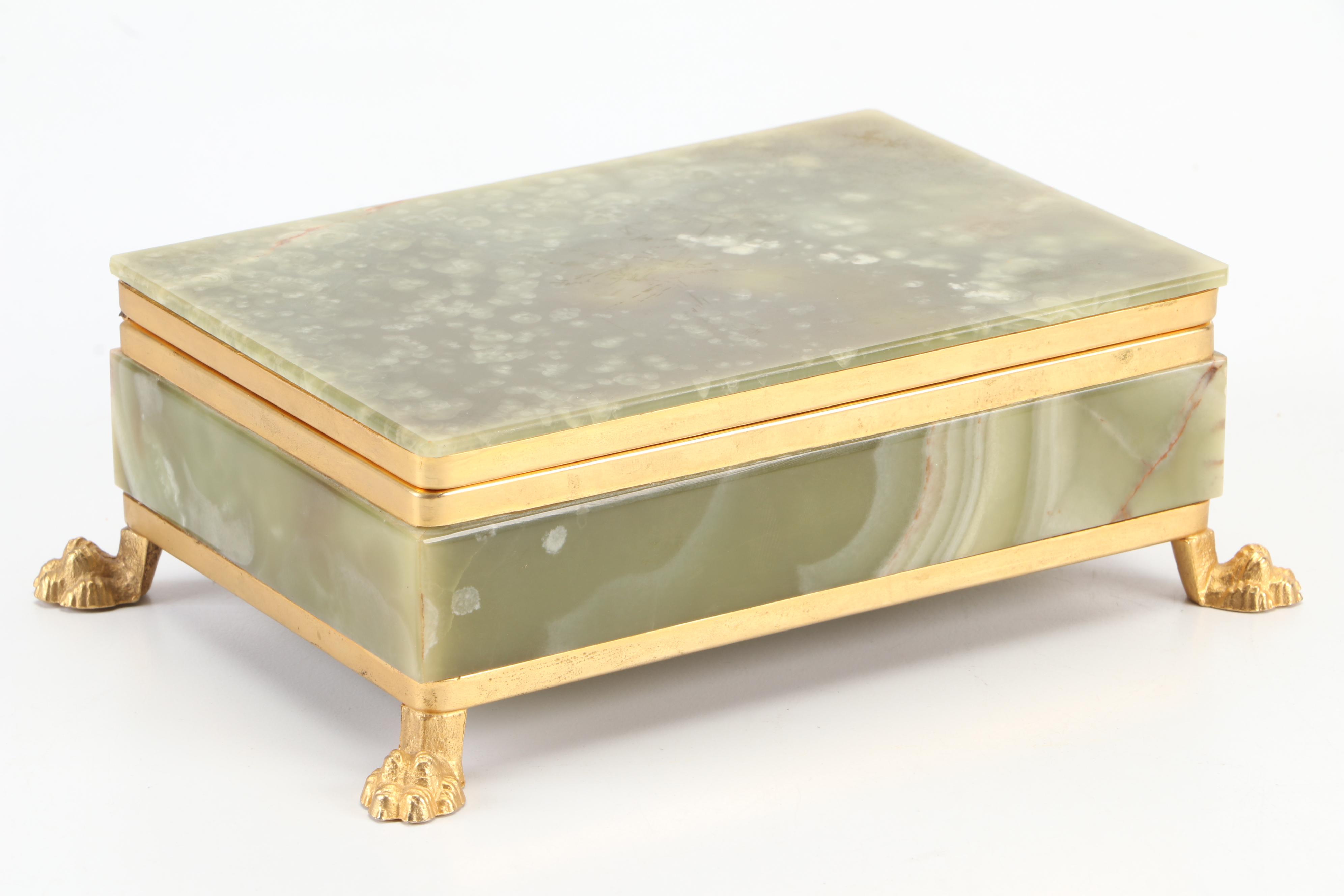 Regency Style Ormolu Mount Green Onyx Jewelry Box with Claw Feet, 20th C.