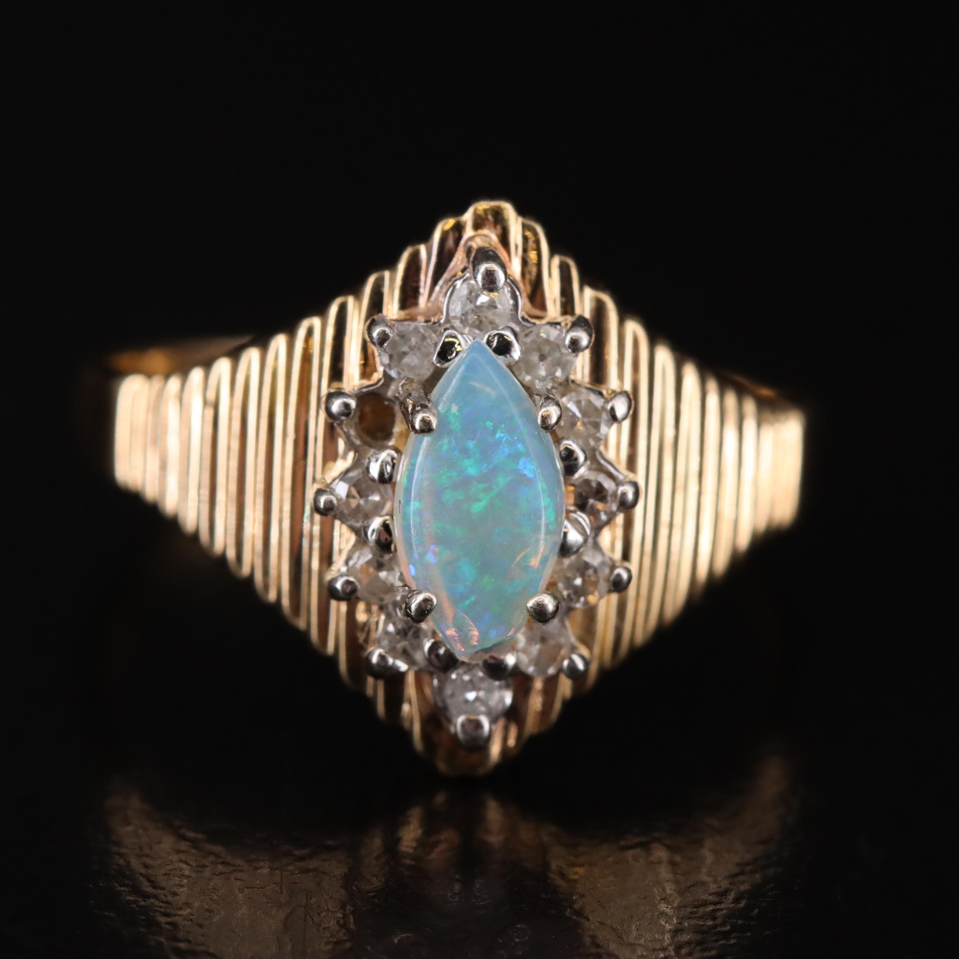 14K Opal and Diamond Navette Ring