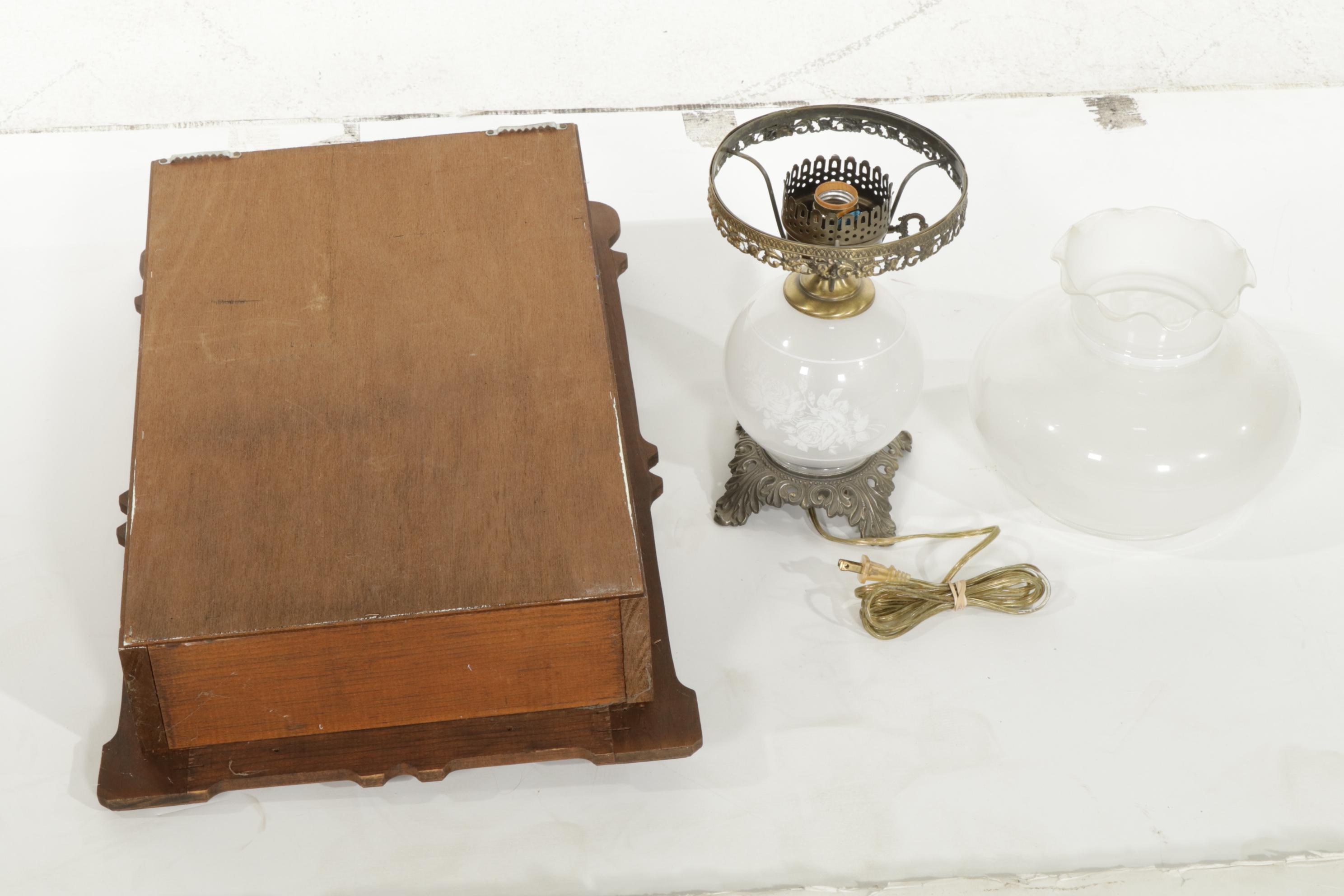 mccoy-bean-pot-with-glass-lamp-wall-cabinet-and-jars-ebth