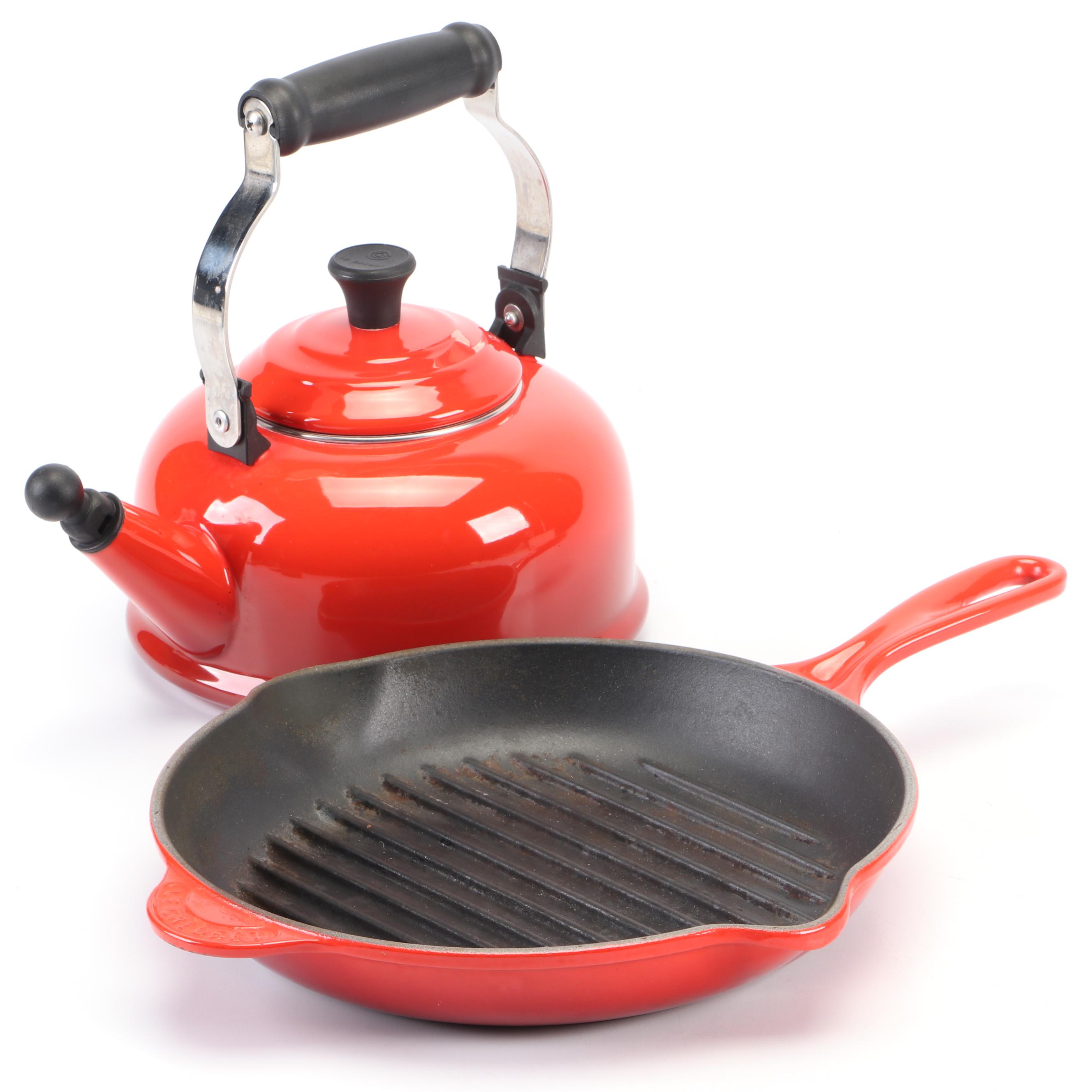 Le Creuset Cerise Enameled Cast Iron Grill Pan with Enamel Whistling Tea Kettle