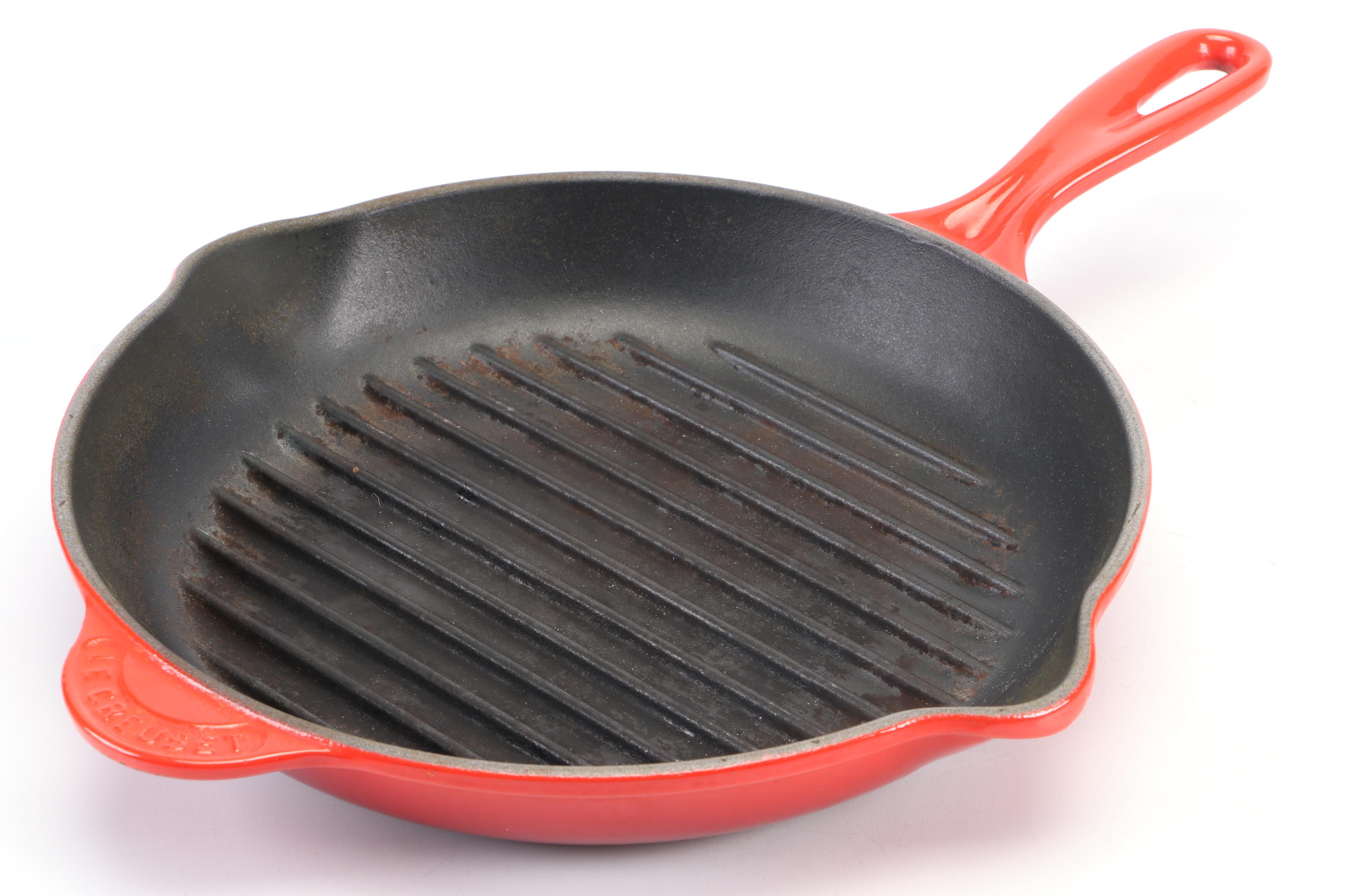Le Creuset Cerise Enameled Cast Iron Grill Pan with Enamel Whistling Tea Kettle