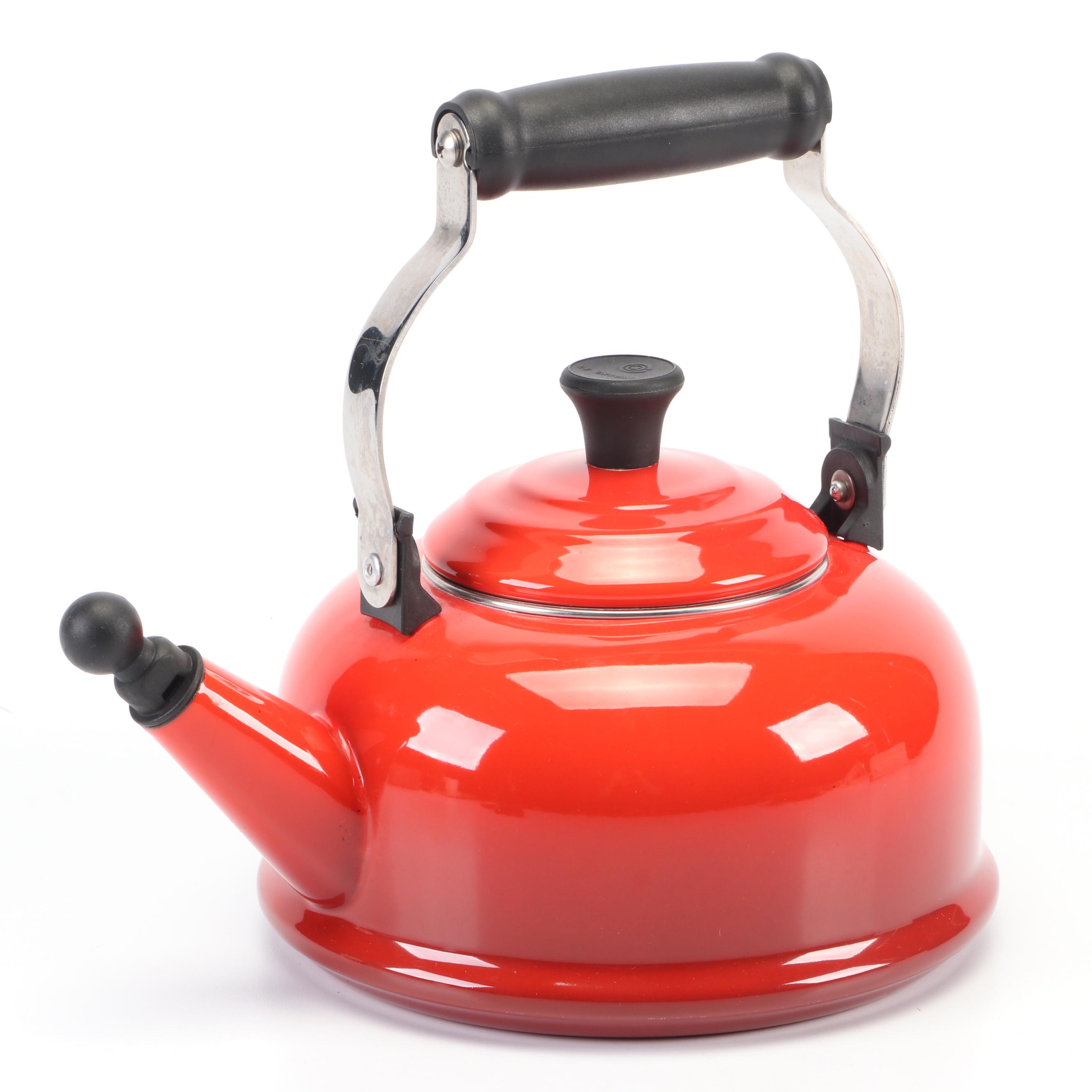 Le Creuset Cerise Enameled Cast Iron Grill Pan with Enamel Whistling Tea Kettle