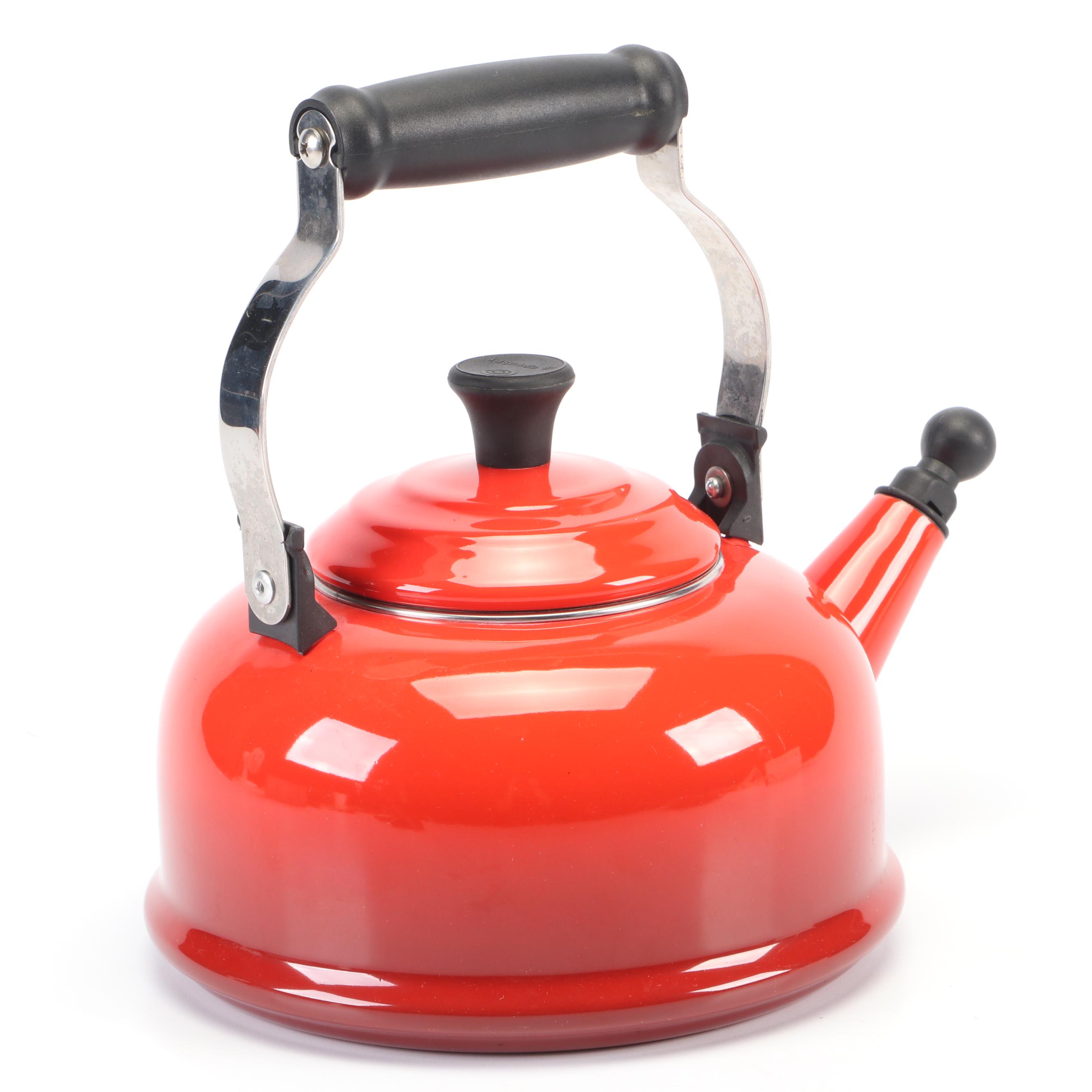 Le Creuset Cerise Enameled Cast Iron Grill Pan with Enamel Whistling Tea Kettle