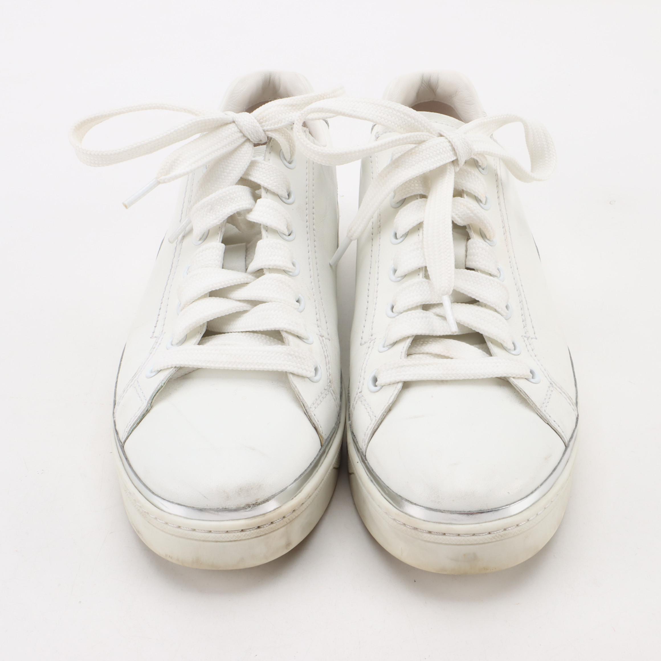 Prada Linea Rossa White Leather Lace-Up Sneakers with Silver Metallic Trim