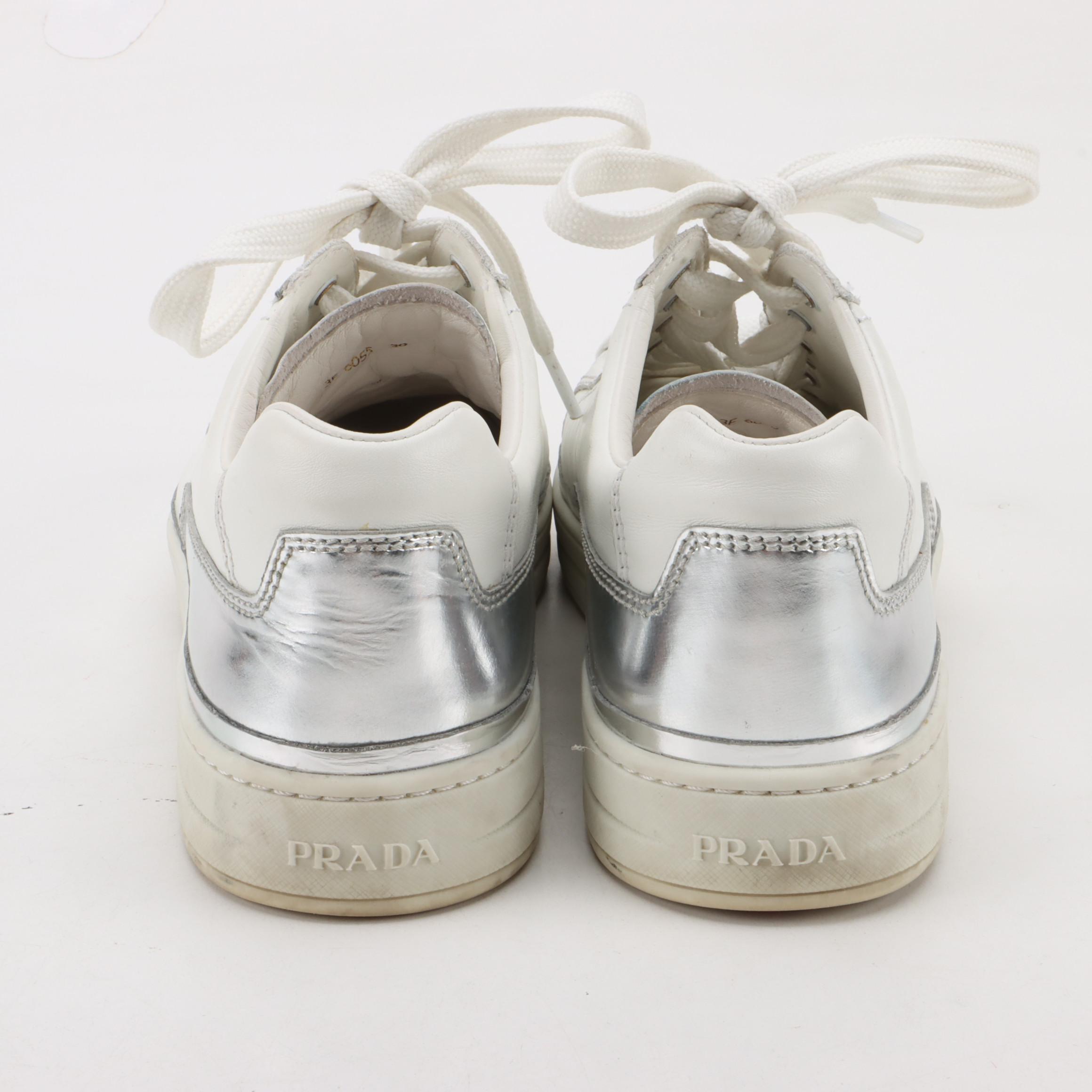 Prada Linea Rossa White Leather Lace-Up Sneakers with Silver Metallic Trim