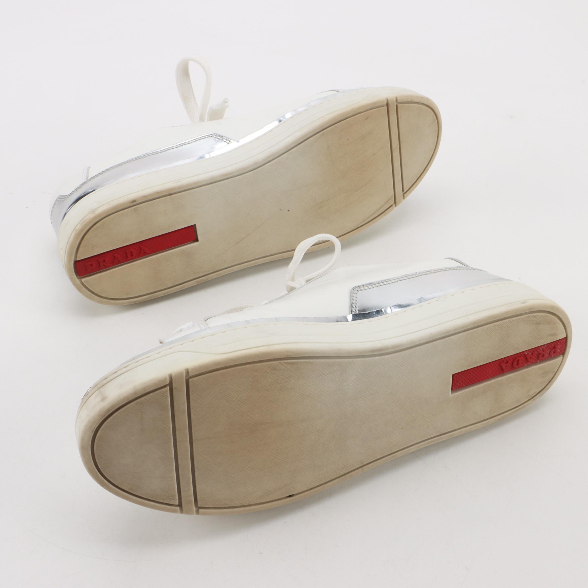 Prada Linea Rossa White Leather Lace-Up Sneakers with Silver Metallic Trim
