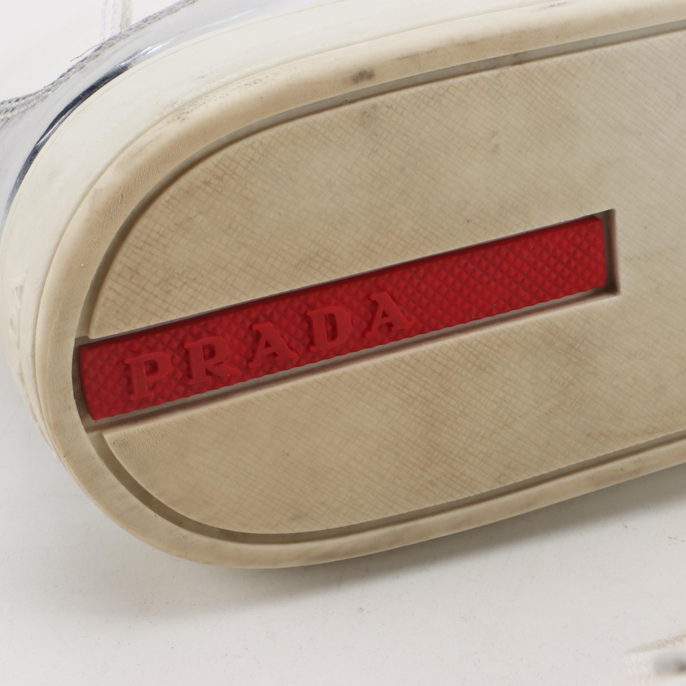 Prada Linea Rossa White Leather Lace-Up Sneakers with Silver Metallic Trim