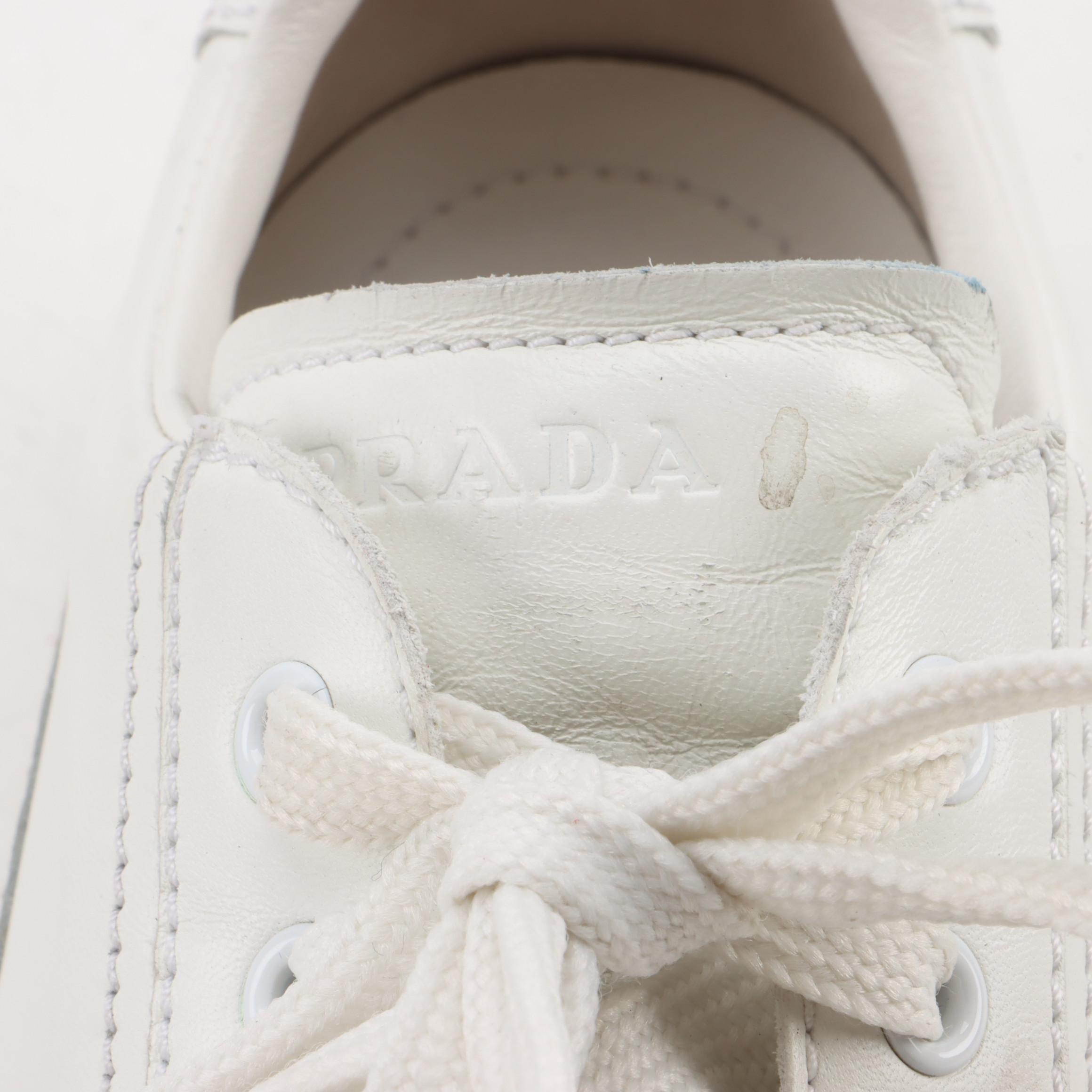 Prada Linea Rossa White Leather Lace-Up Sneakers with Silver Metallic Trim