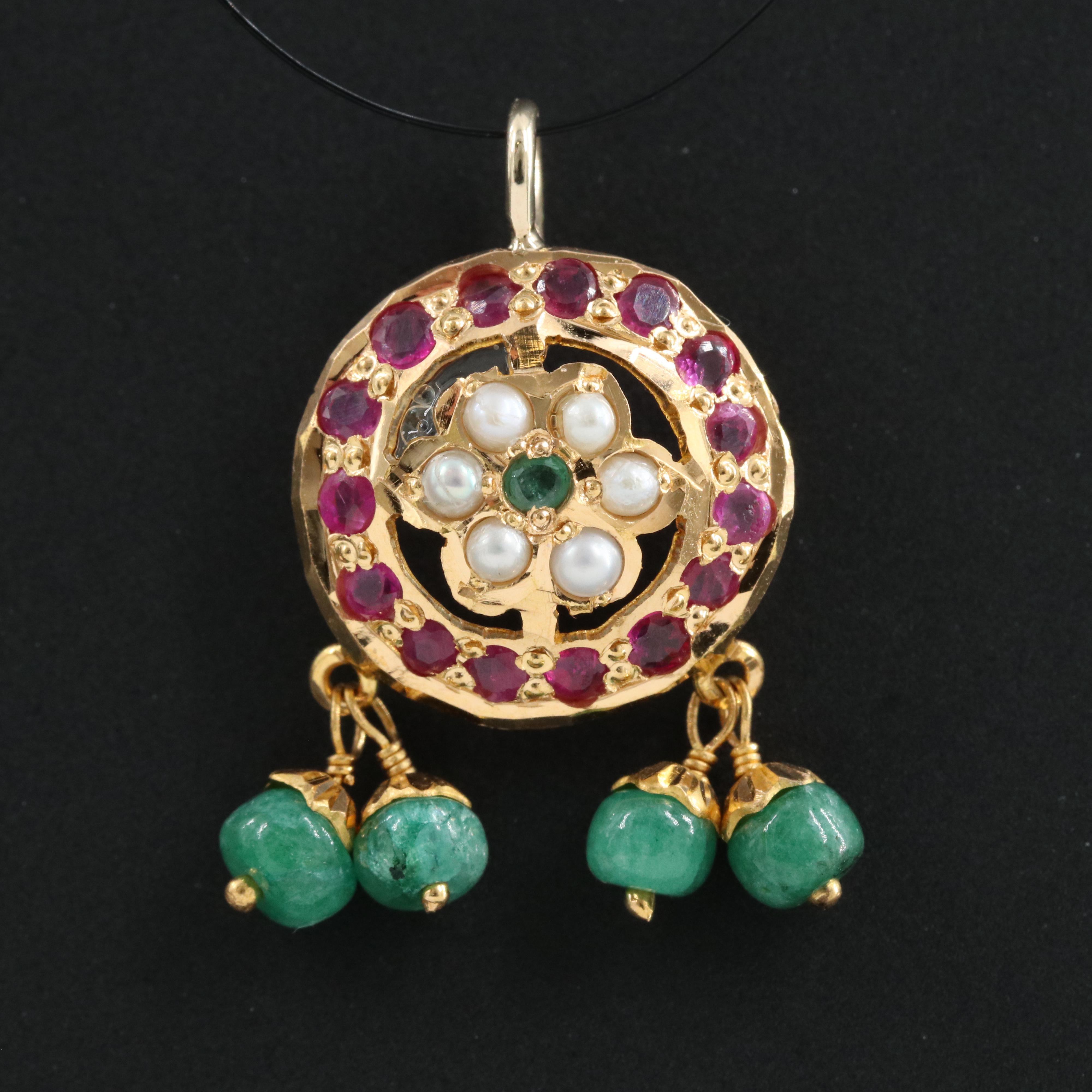 22K Ruby, Emerald and Seed Pearl Pendant