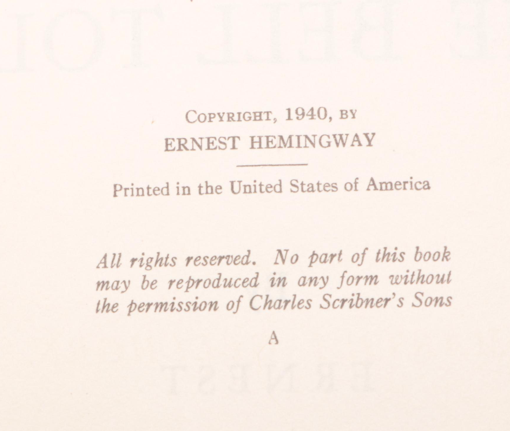 First Edition "For Whom the Bell Tolls" by Ernest Hemingway, 1940