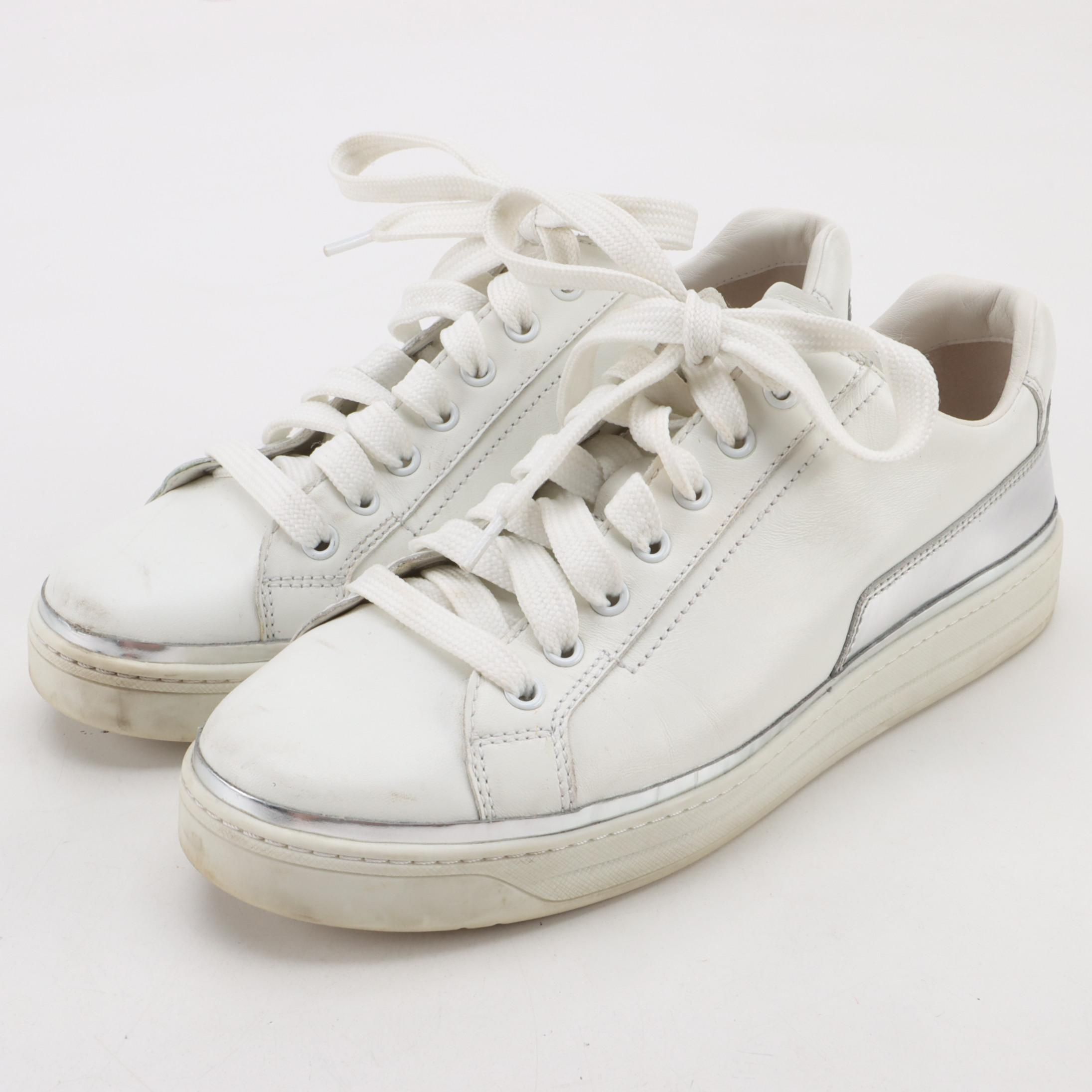 Prada Linea Rossa White Leather Lace-Up Sneakers with Silver Metallic Trim