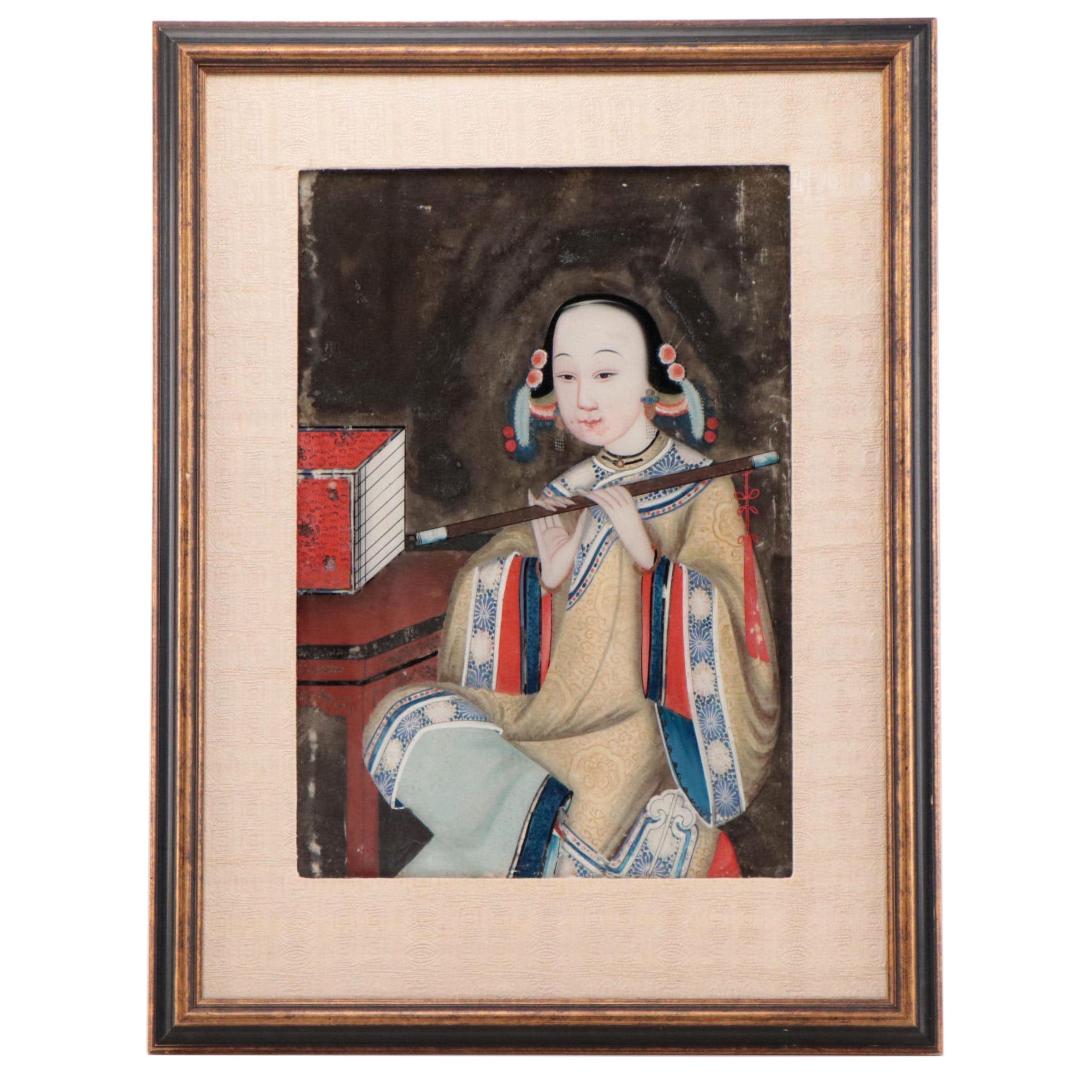 Antique Chinese Reverse Painted Glass Portrait of a Court Musician