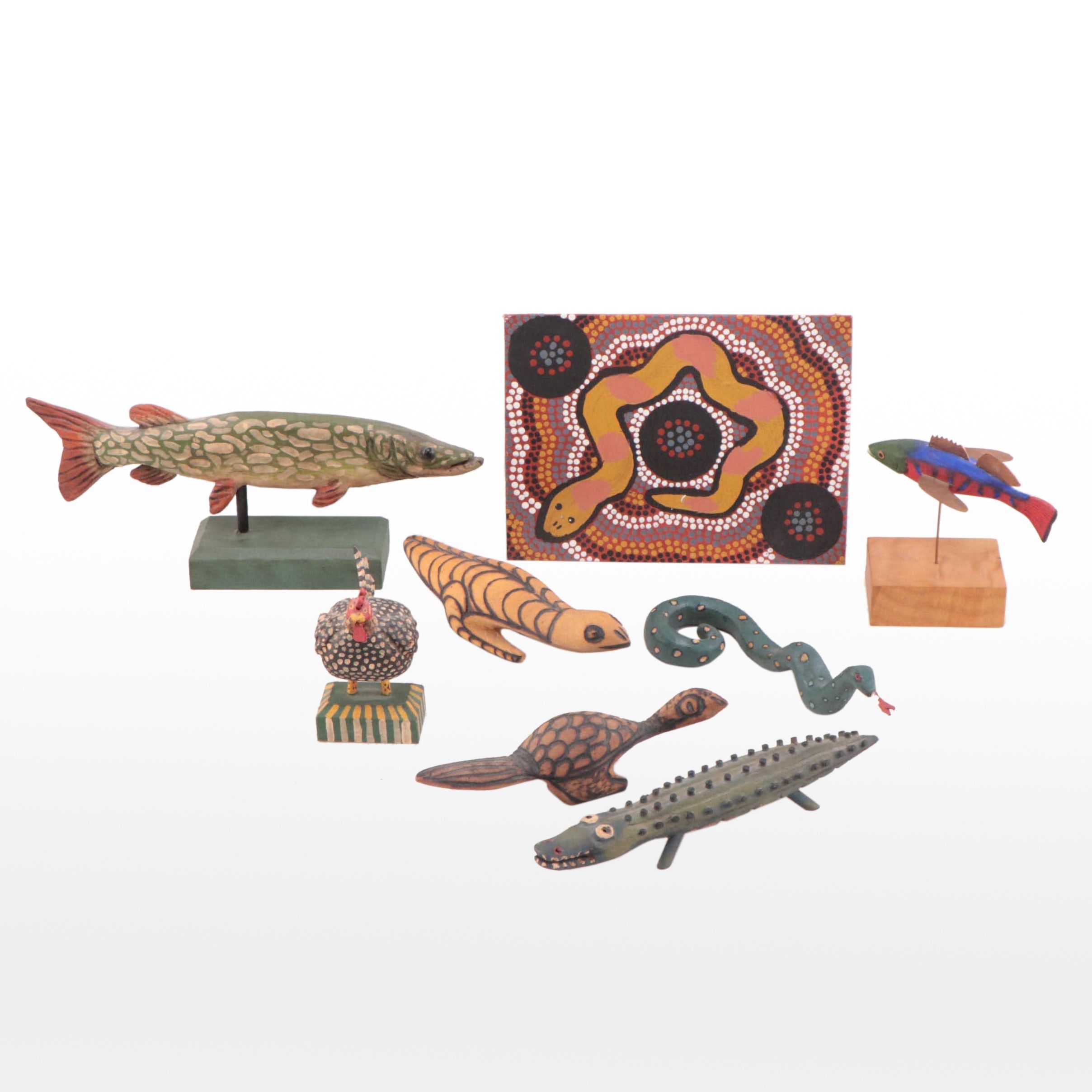 Animal Sculptures and Aboriginal Snake Painting
