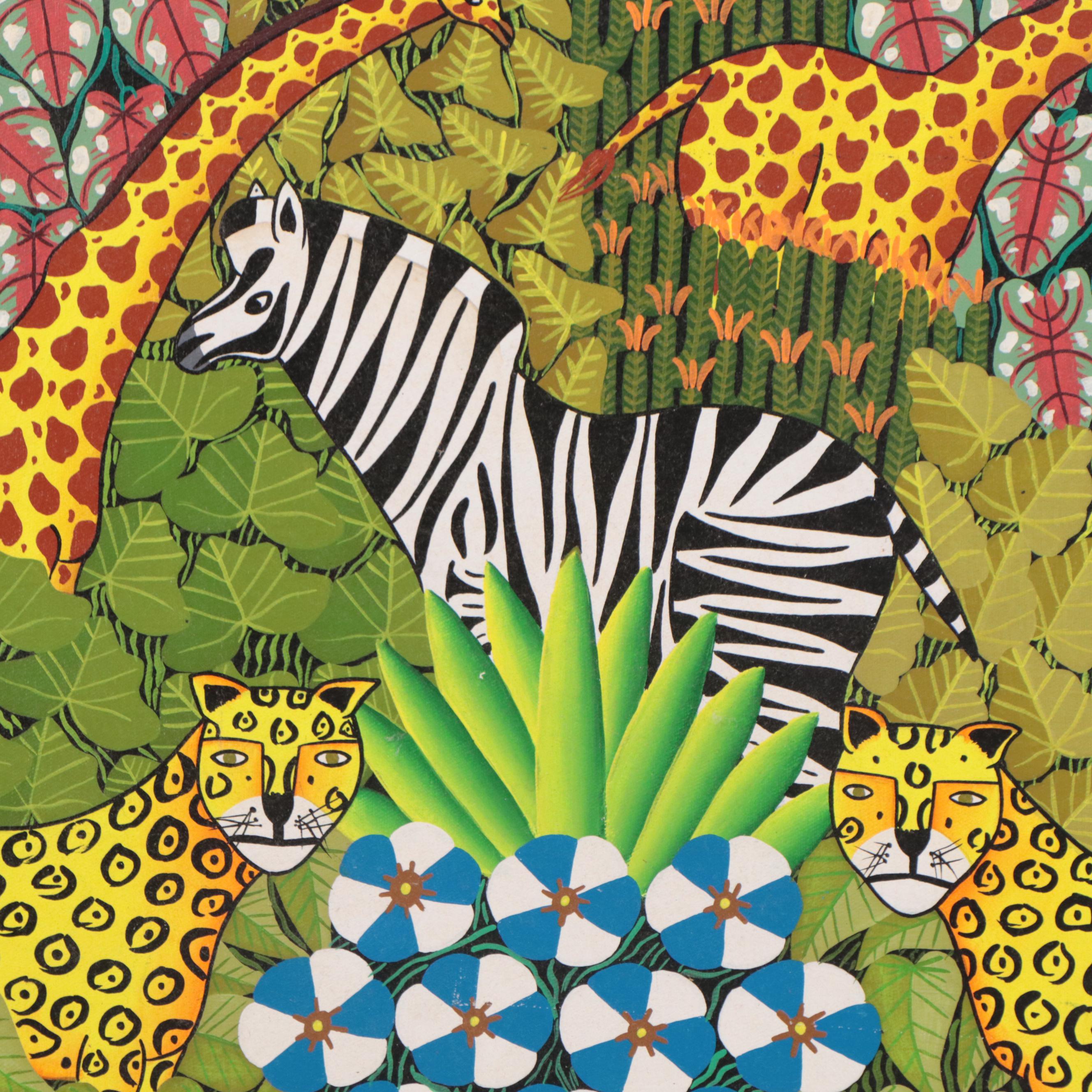 Daniel Souvenir Haitian Folk Art Acrylic Painting of African Wildlife