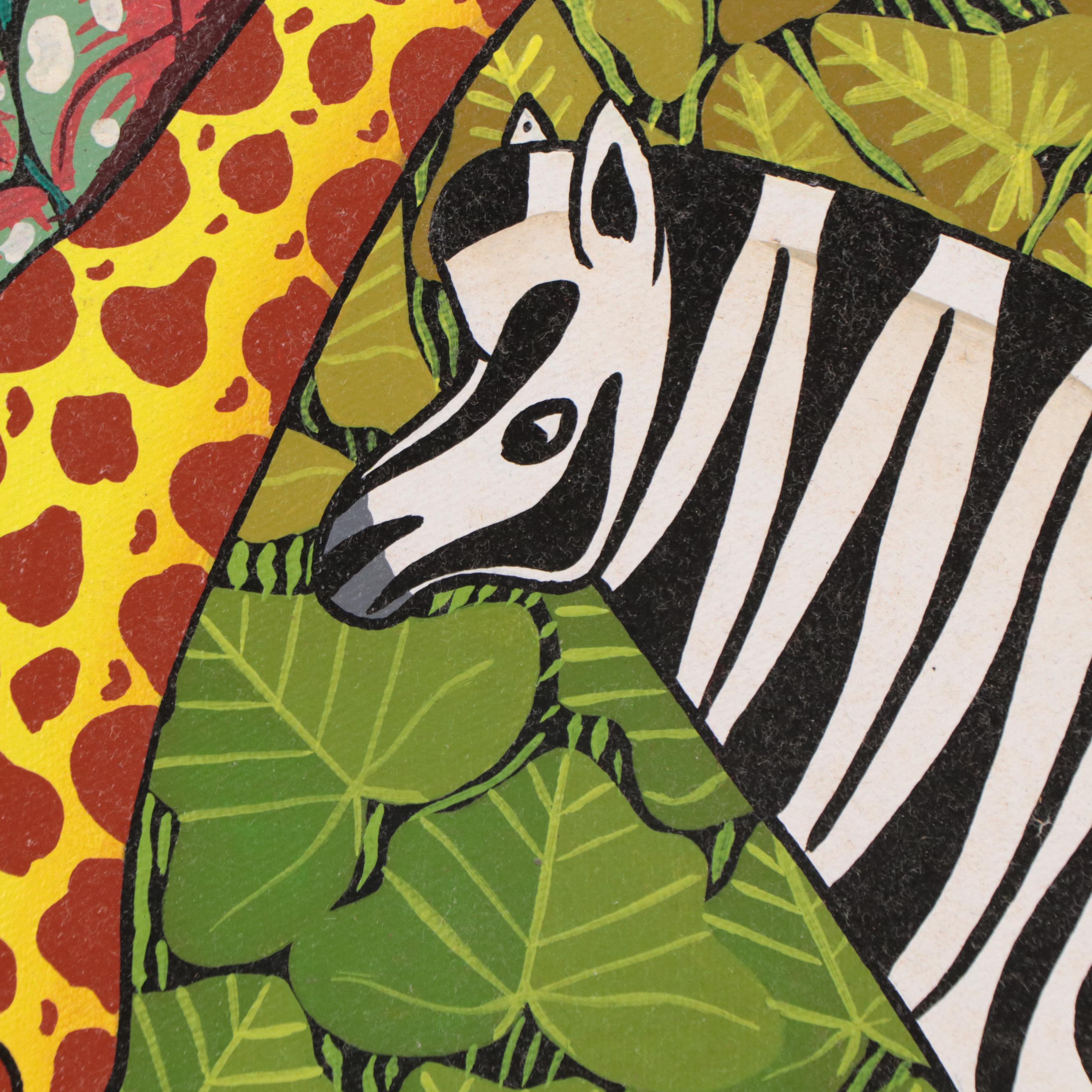 Daniel Souvenir Haitian Folk Art Acrylic Painting of African Wildlife