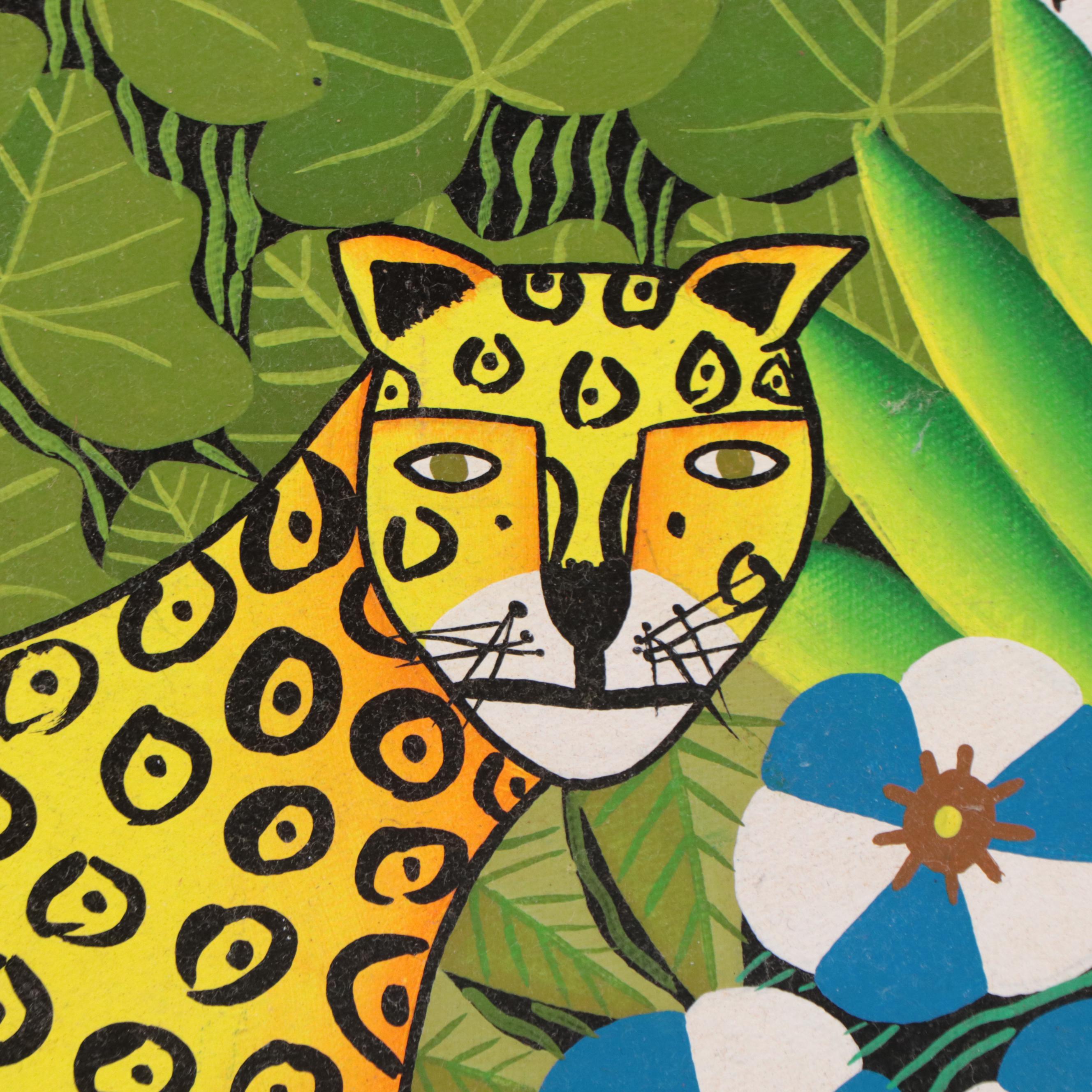 Daniel Souvenir Haitian Folk Art Acrylic Painting of African Wildlife