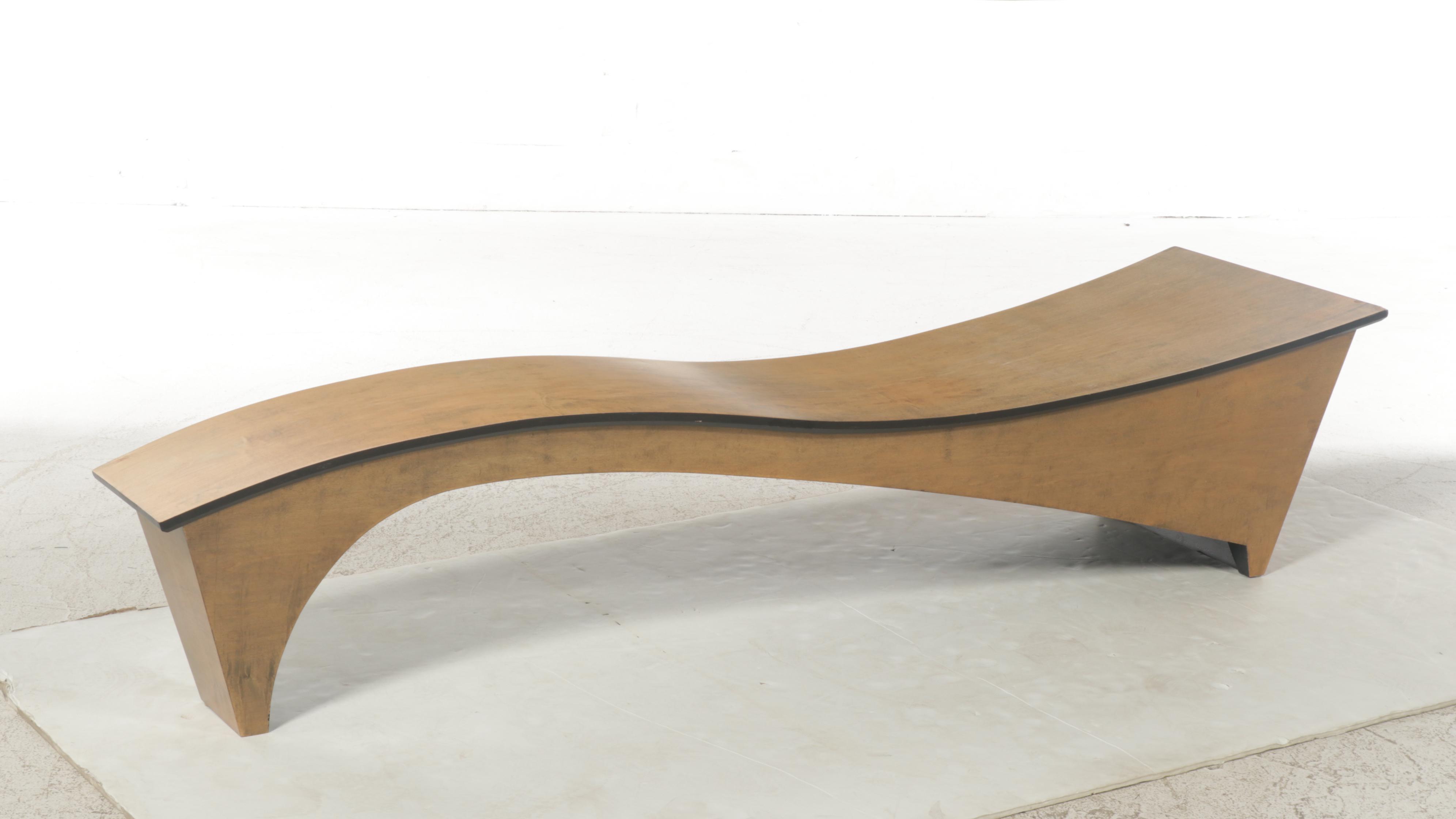 Post-Modern Studio Molded Wood Bench, Signed "RM"