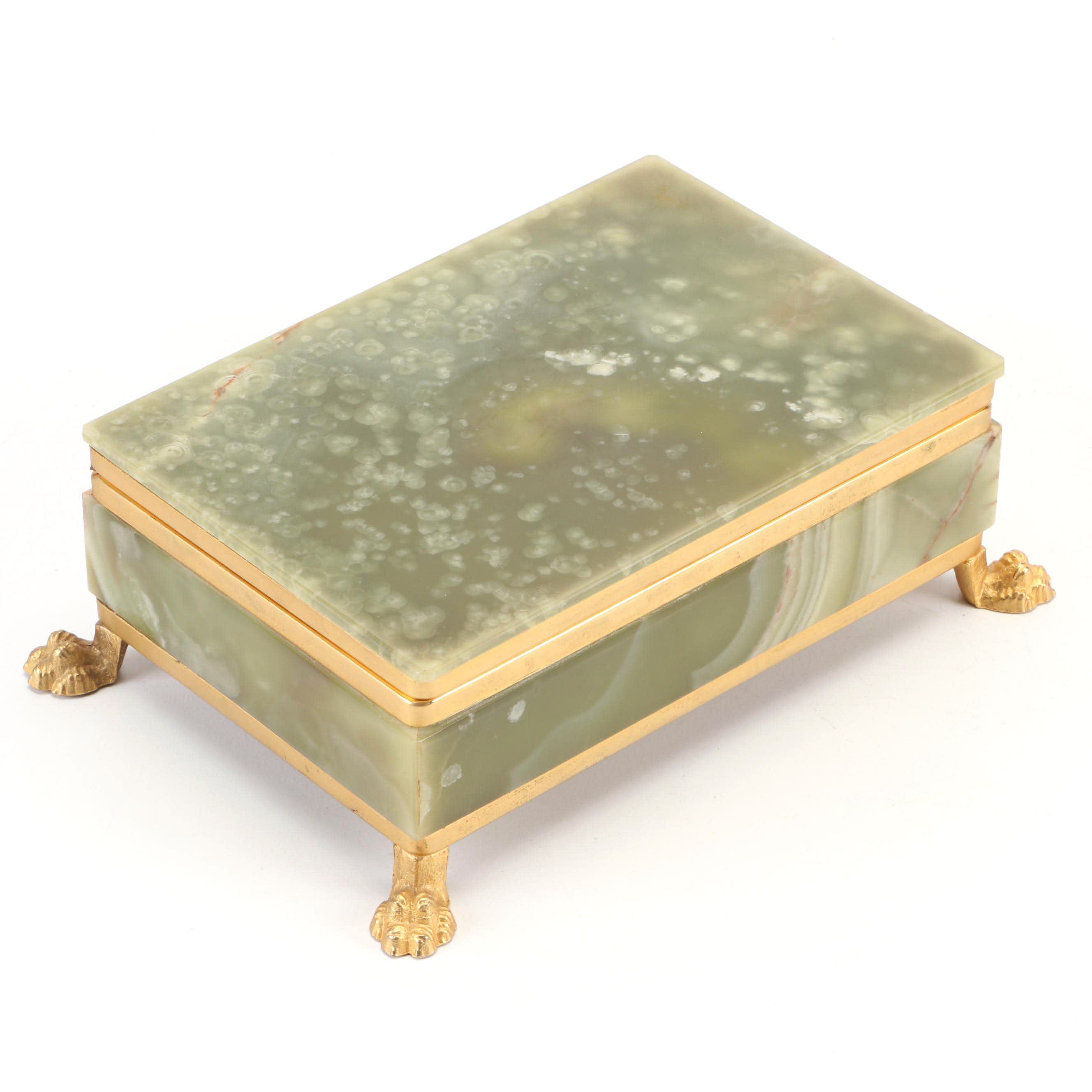 Regency Style Ormolu Mount Green Onyx Jewelry Box with Claw Feet, 20th C.
