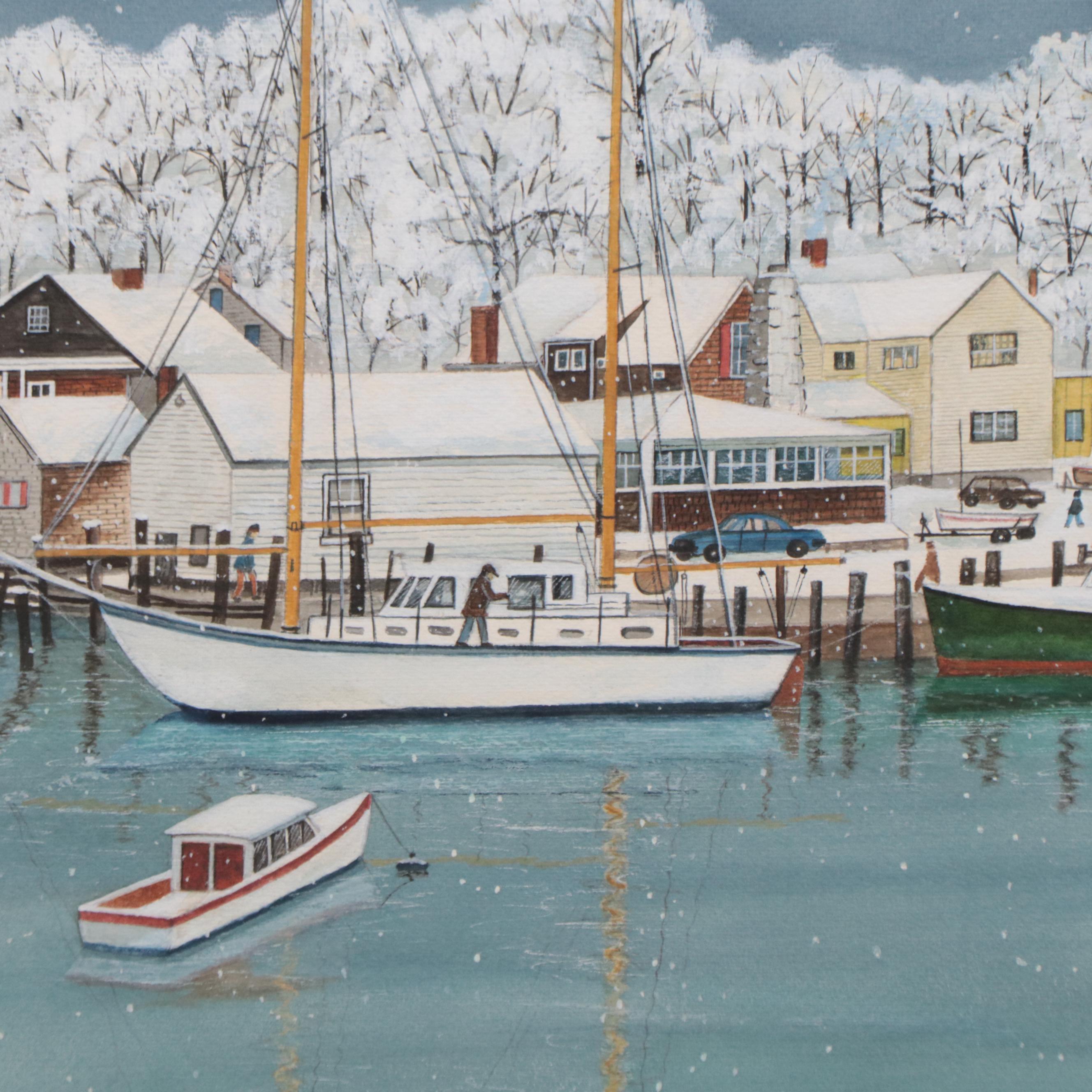 Mark Warren Watercolor Painting of Winter Harbor Scene