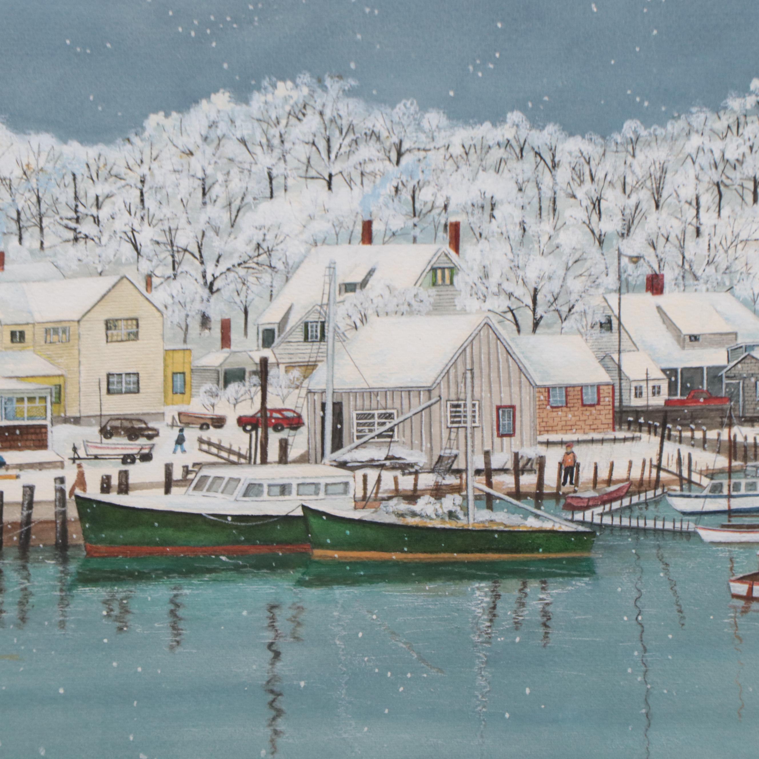 Mark Warren Watercolor Painting of Winter Harbor Scene