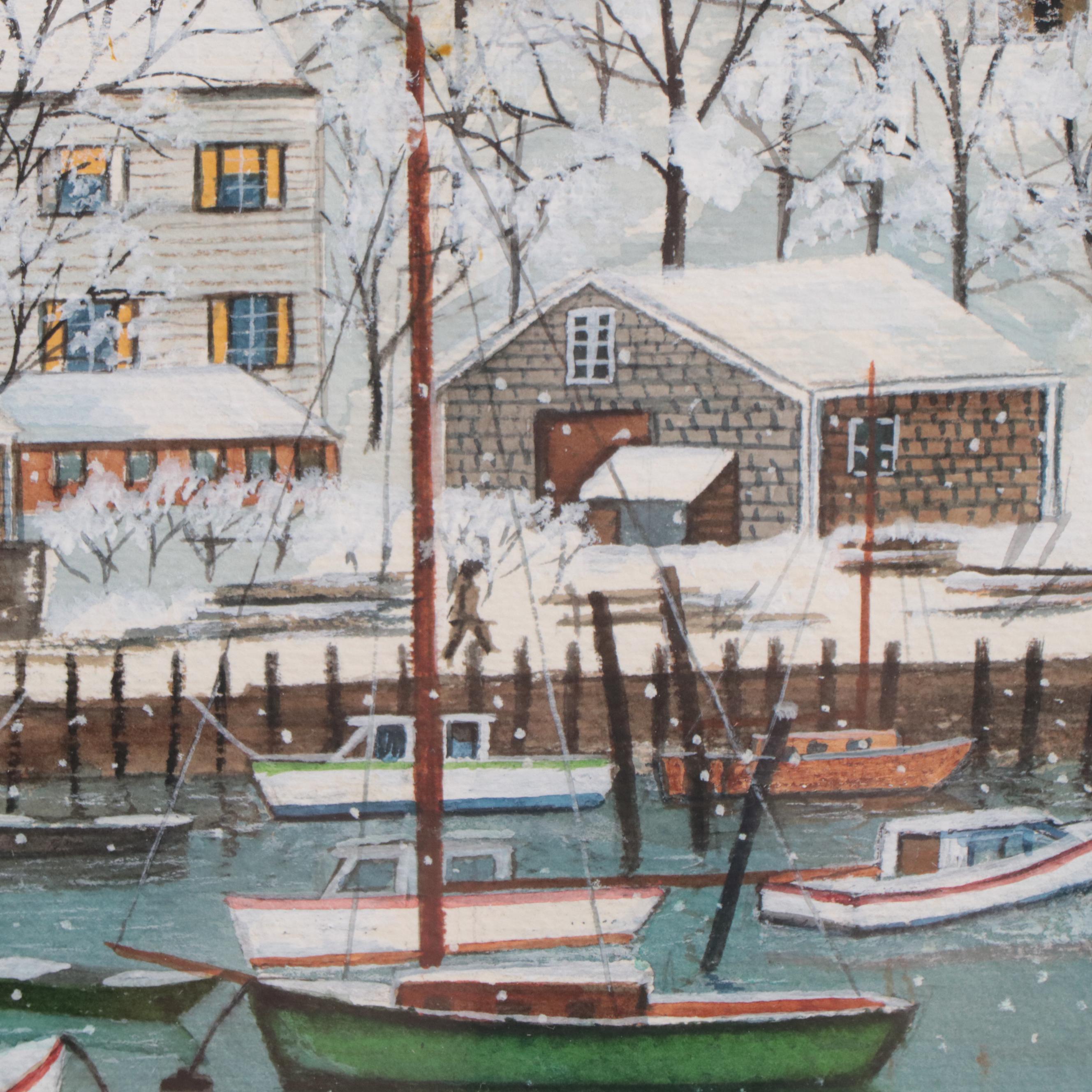 Mark Warren Watercolor Painting of Winter Harbor Scene