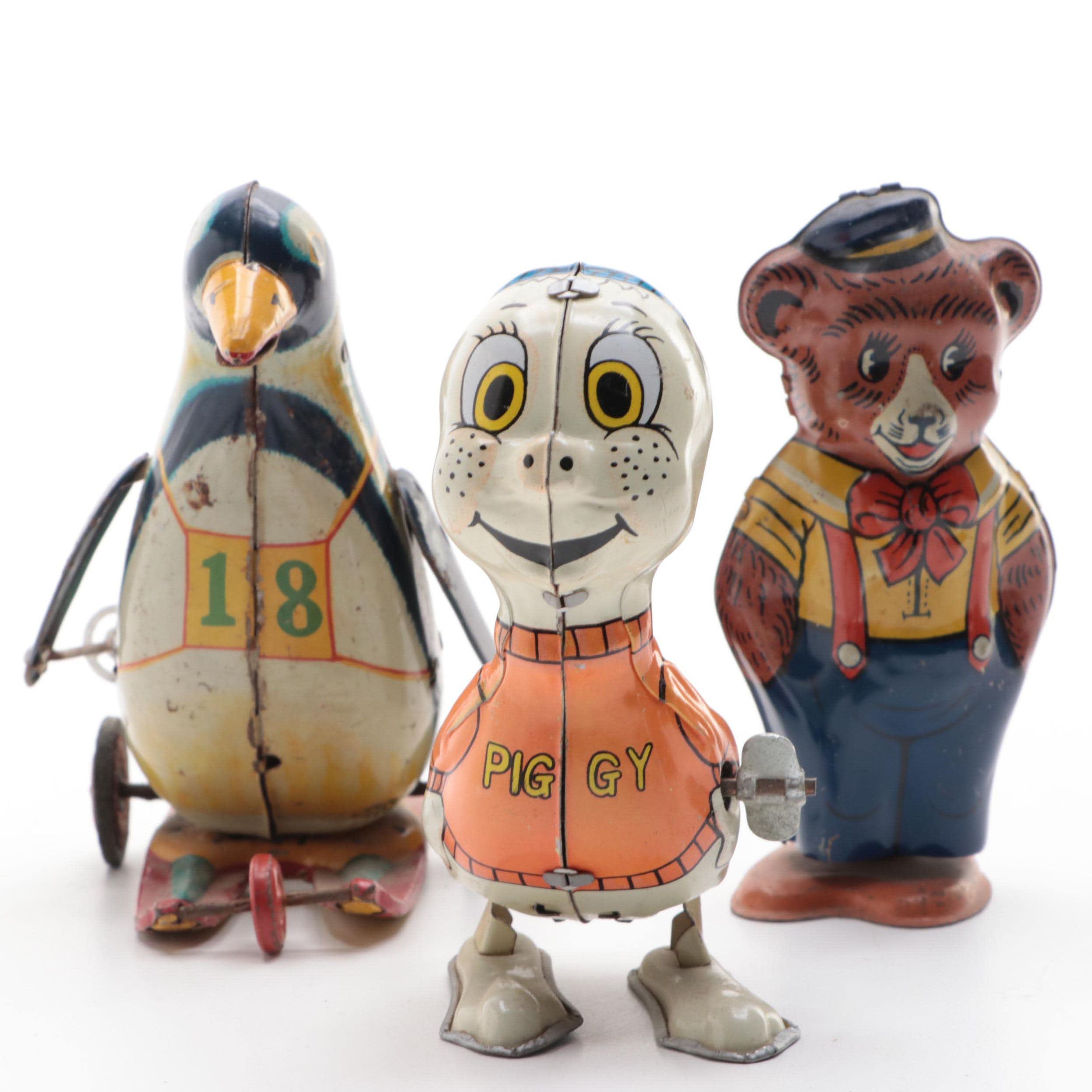 J. Chein & Co. Wind-Up Bear Toy with Other Tin Lithograph Toys, Mid-20th