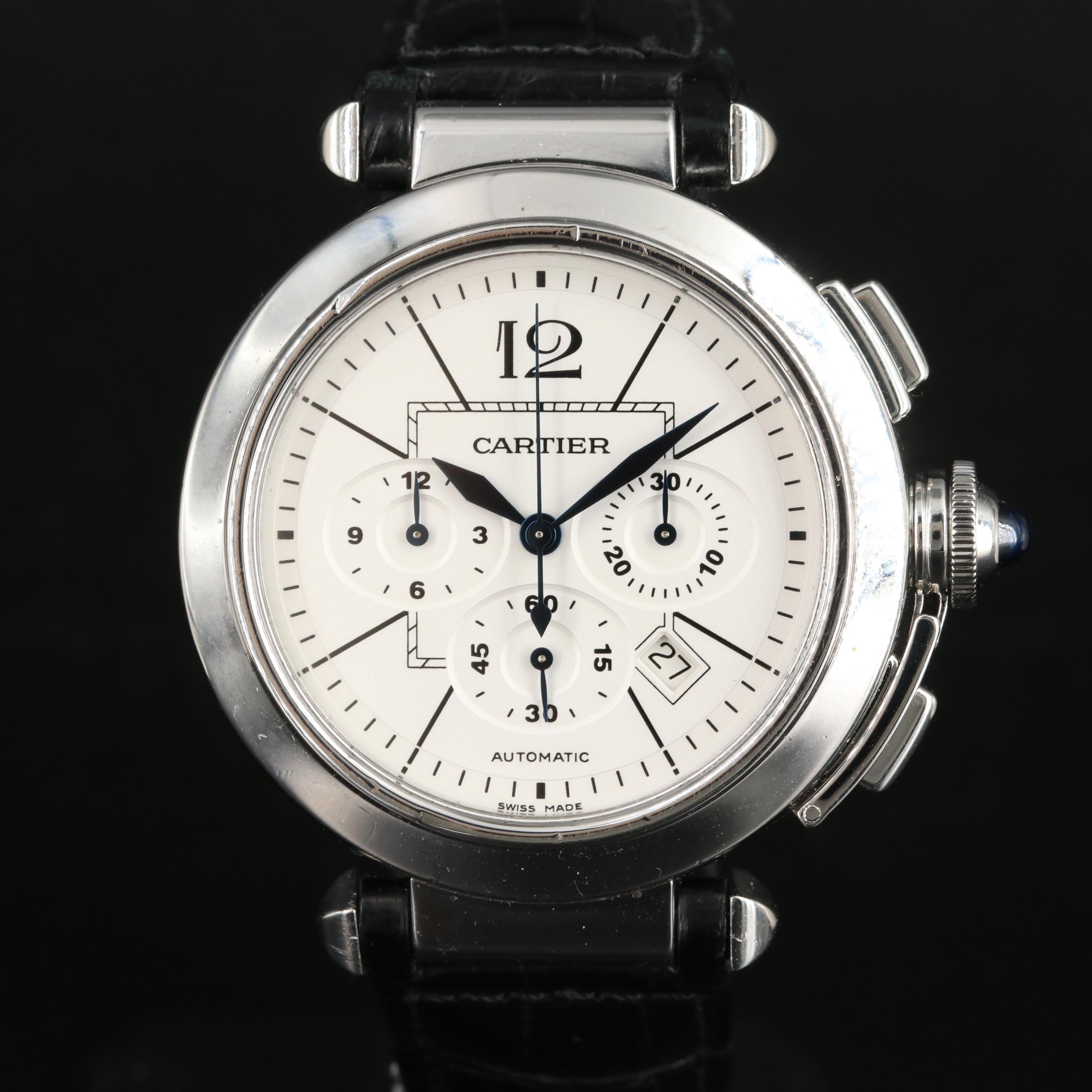 Cartier Pasha 42MM Chronograph Automatic Steel Leather Watch
