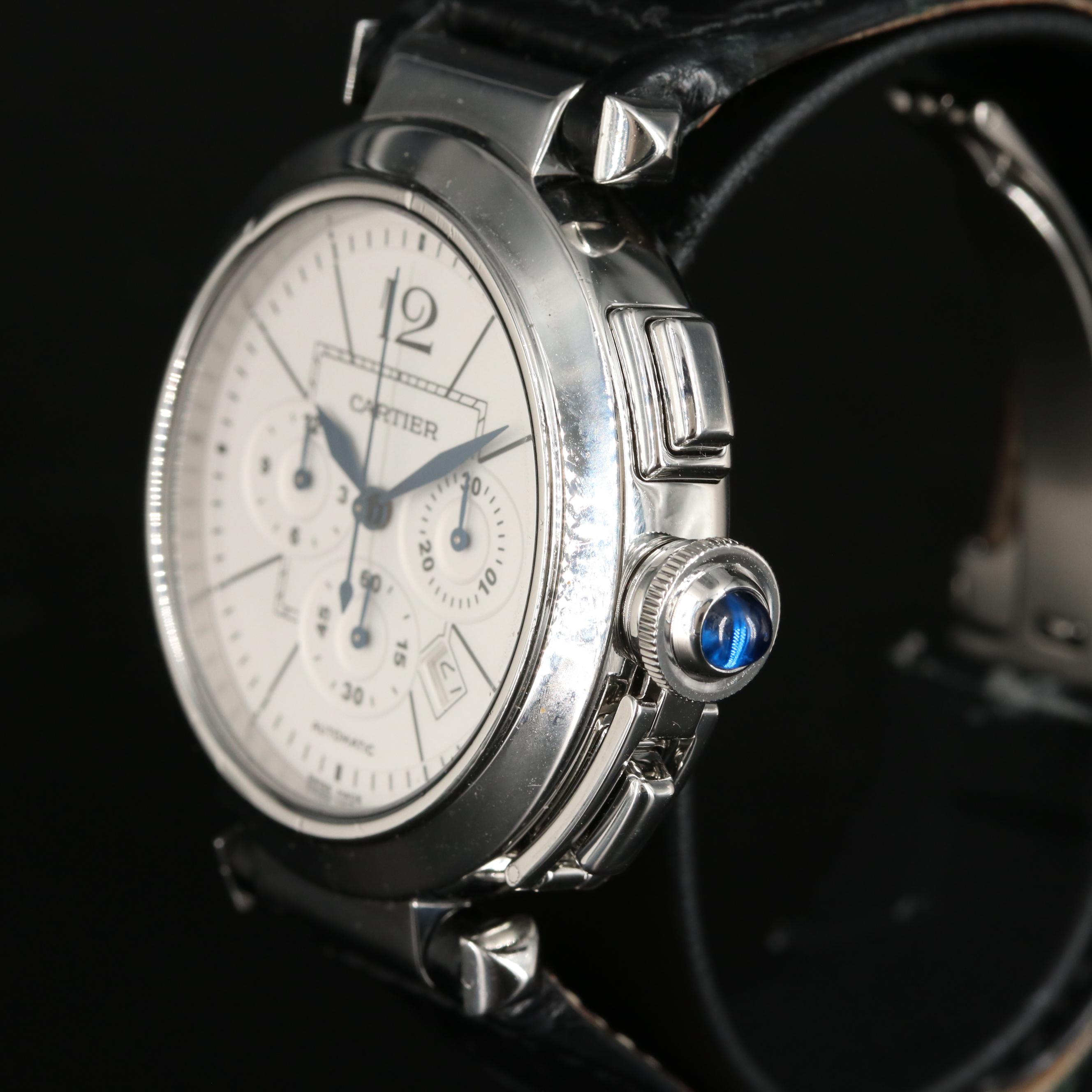 Cartier Pasha 42MM Chronograph Automatic Steel Leather Watch