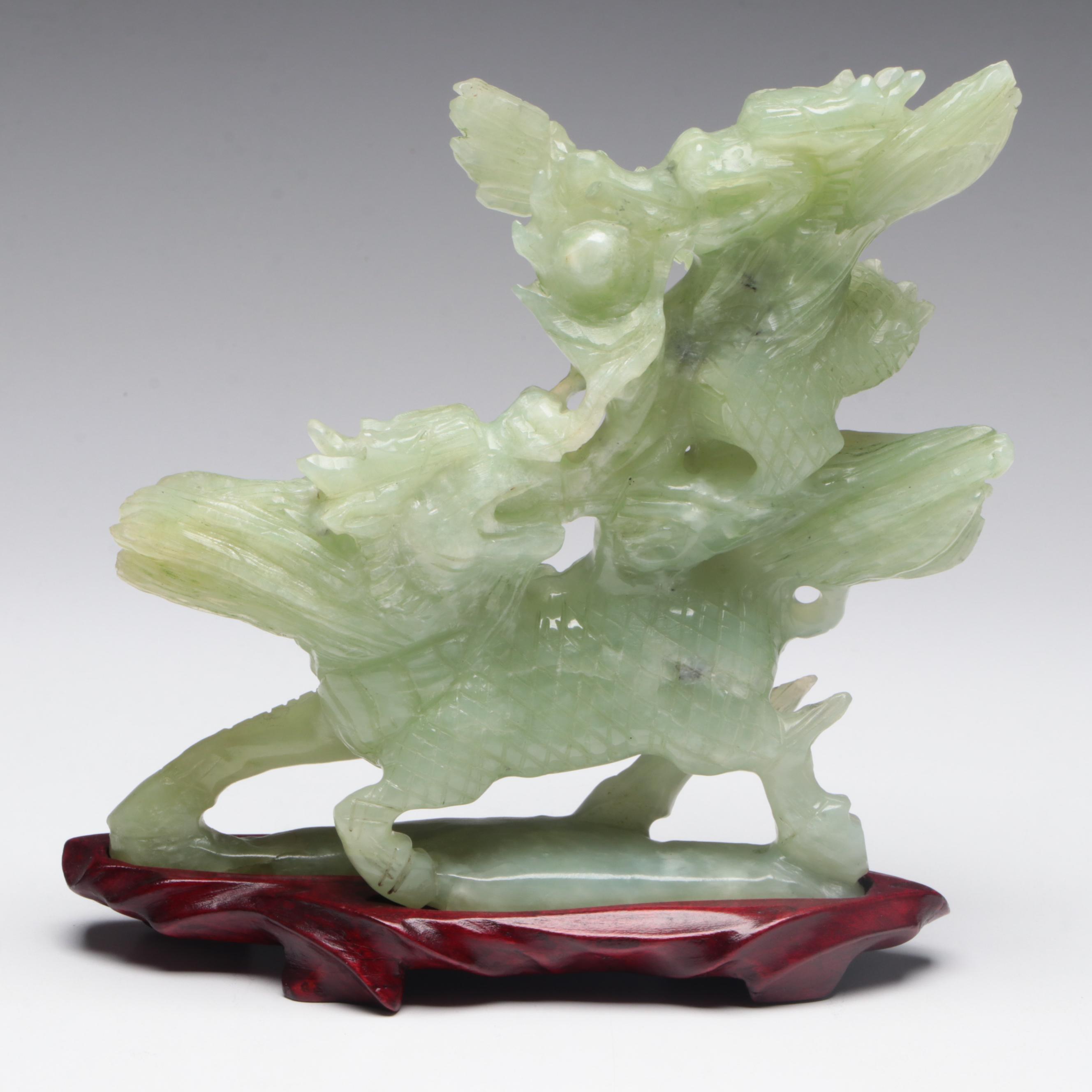 Chinese Serpentine Carving of Guardian Lion and Dragon