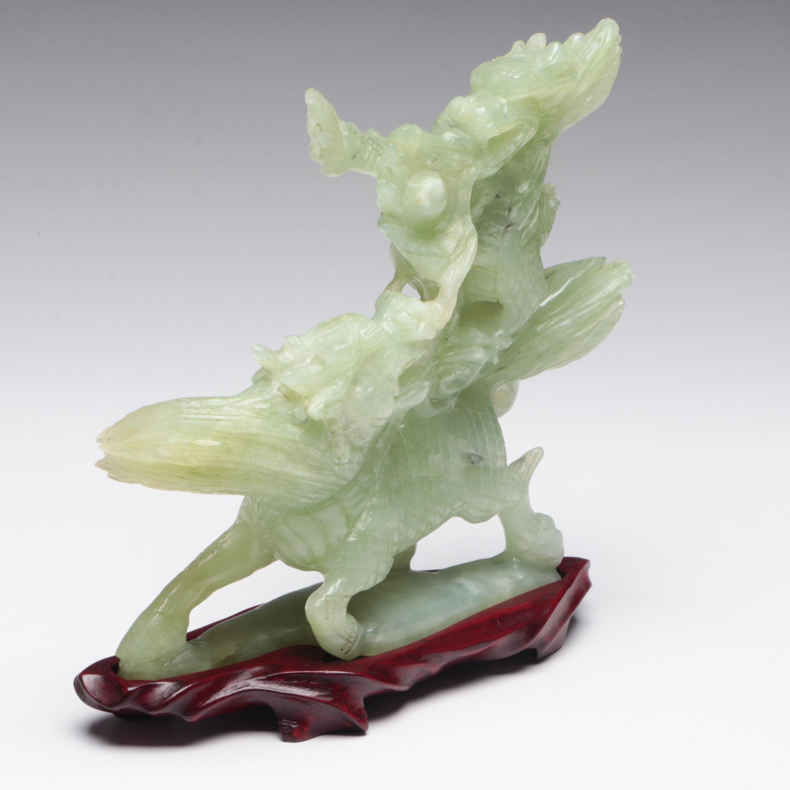 Chinese Serpentine Carving of Guardian Lion and Dragon