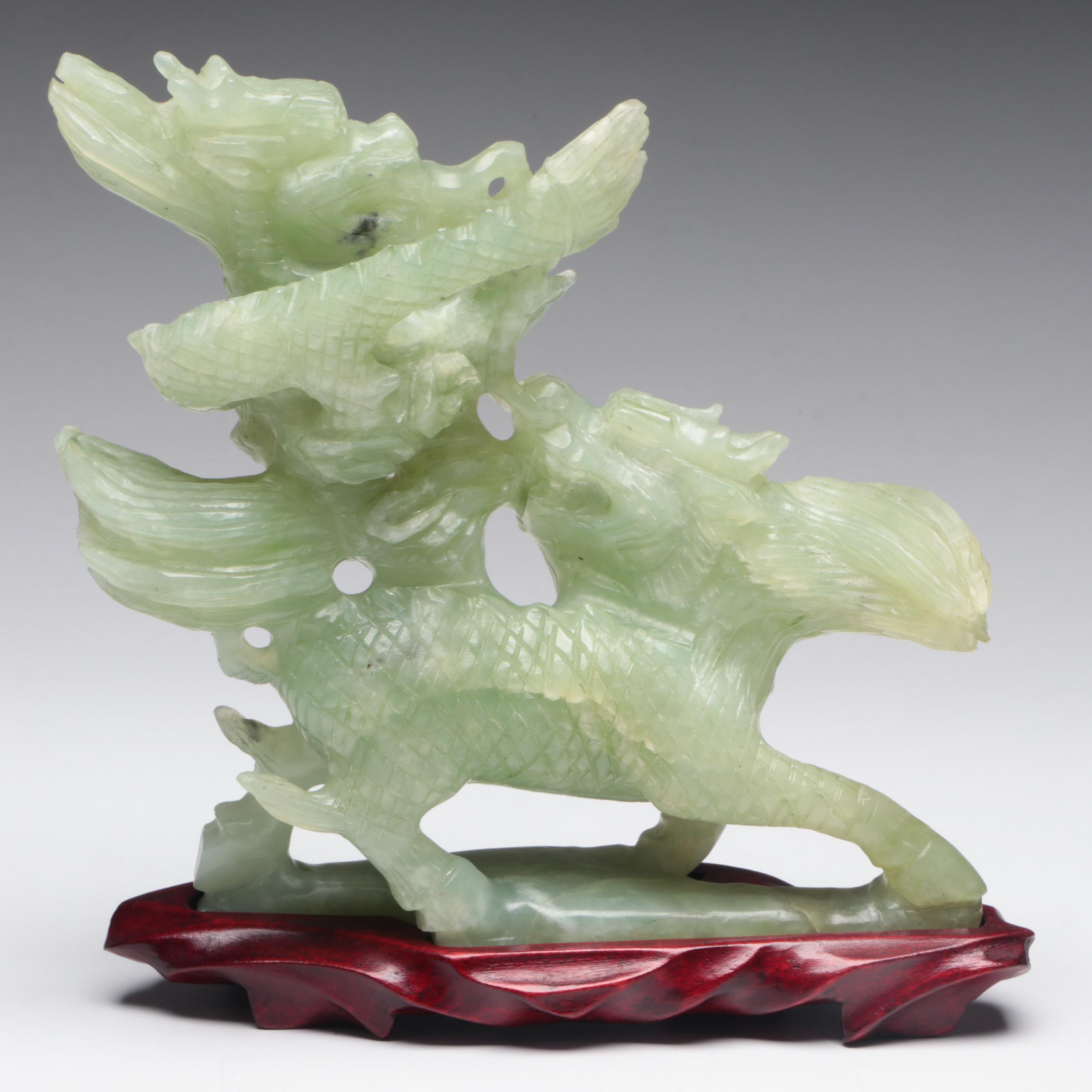 Chinese Serpentine Carving of Guardian Lion and Dragon