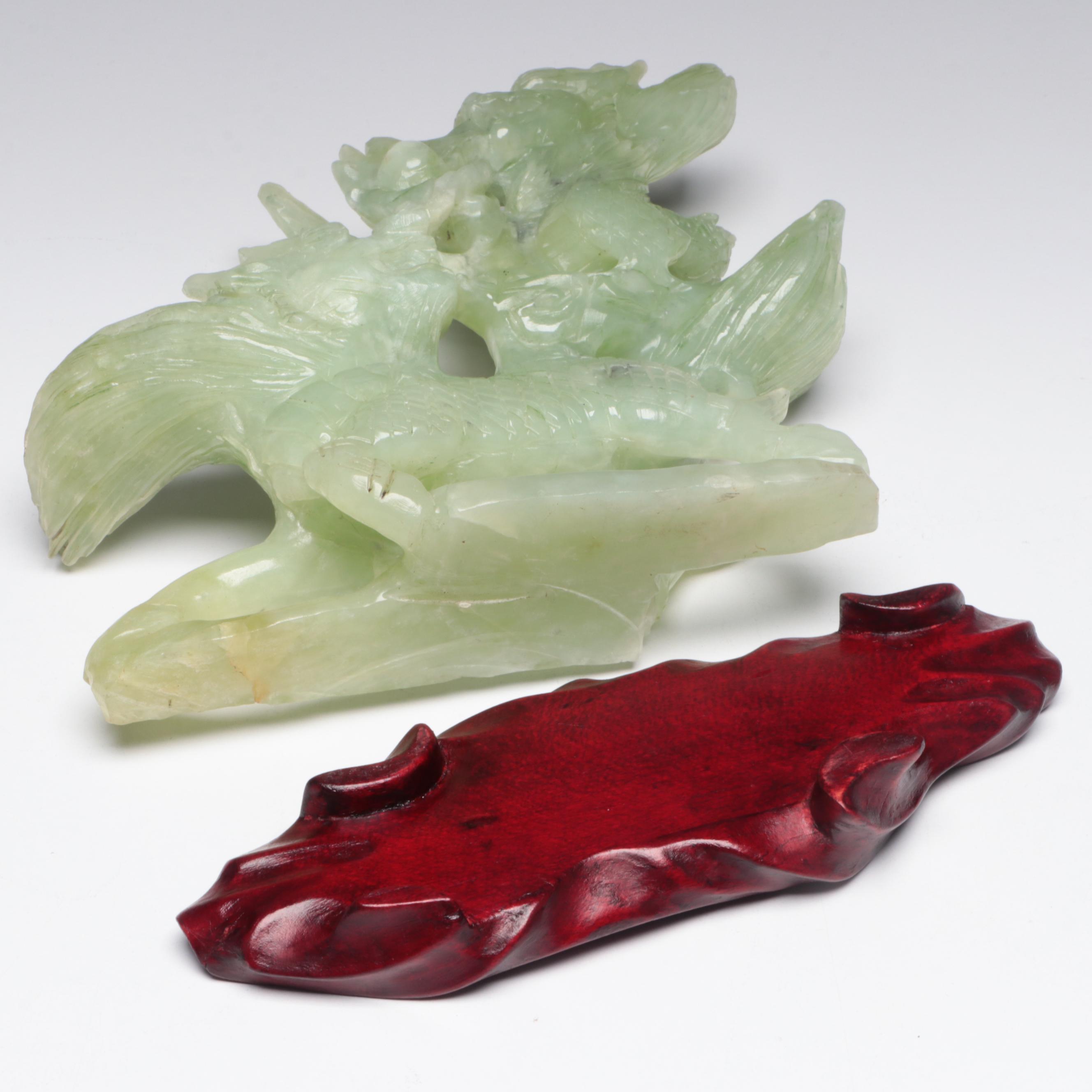 Chinese Serpentine Carving of Guardian Lion and Dragon