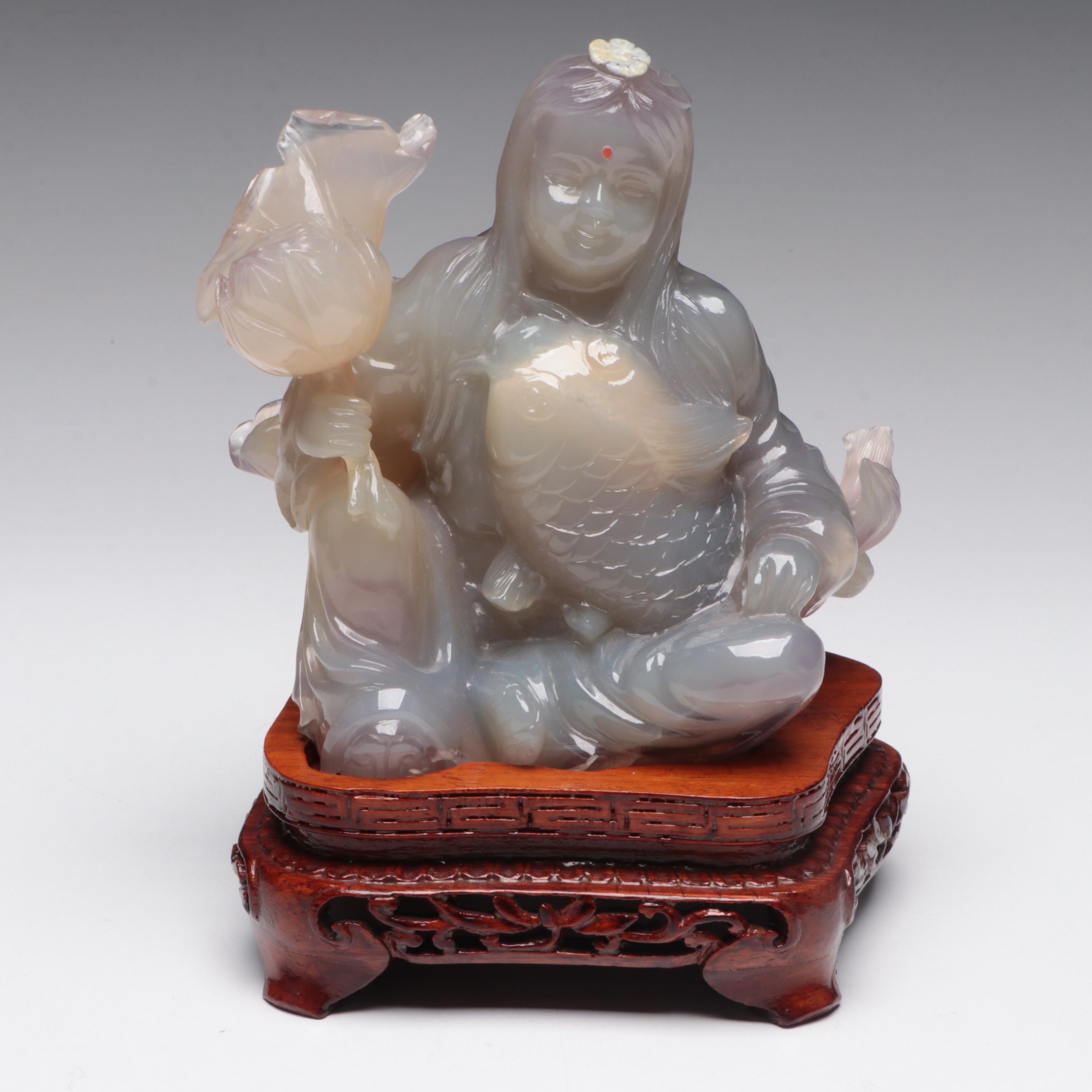 Chinese Chalcedony Carving of Woman Holding Fish and Lotus Blossom