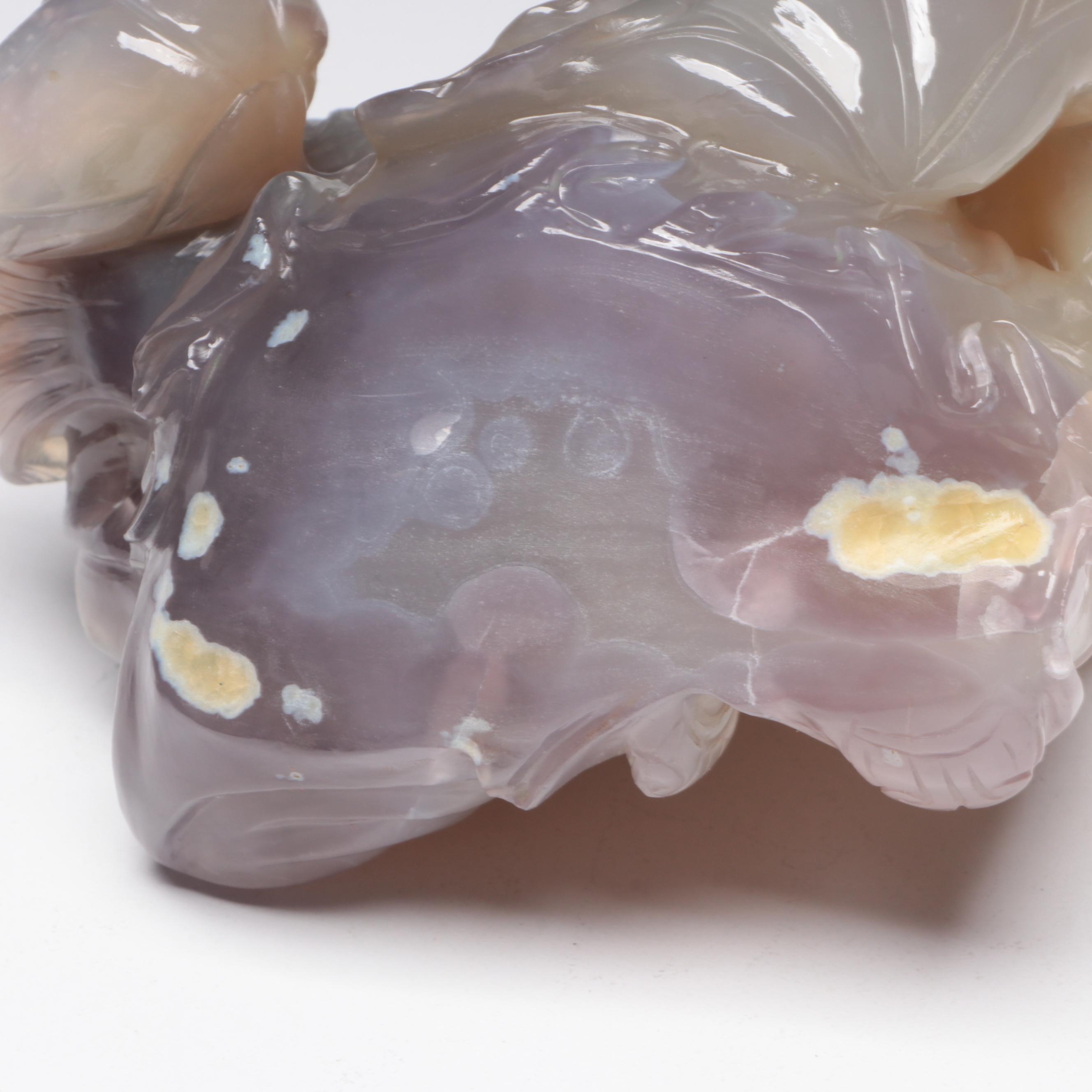 Chinese Chalcedony Carving of Woman Holding Fish and Lotus Blossom