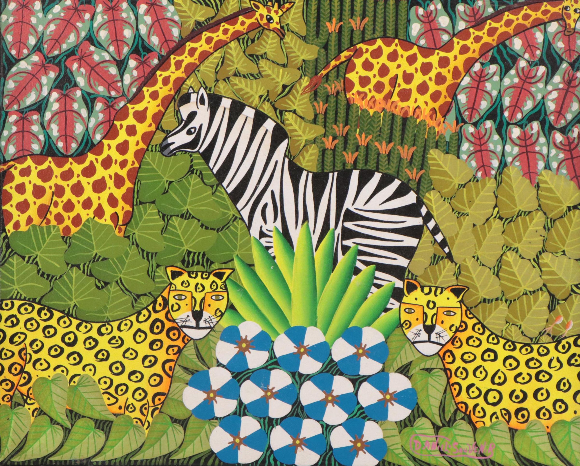 Daniel Souvenir Haitian Folk Art Acrylic Painting of African Wildlife