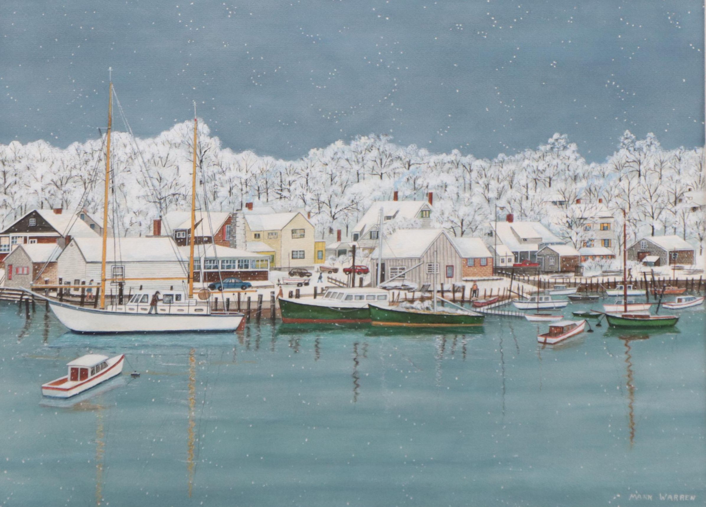 Mark Warren Watercolor Painting of Winter Harbor Scene