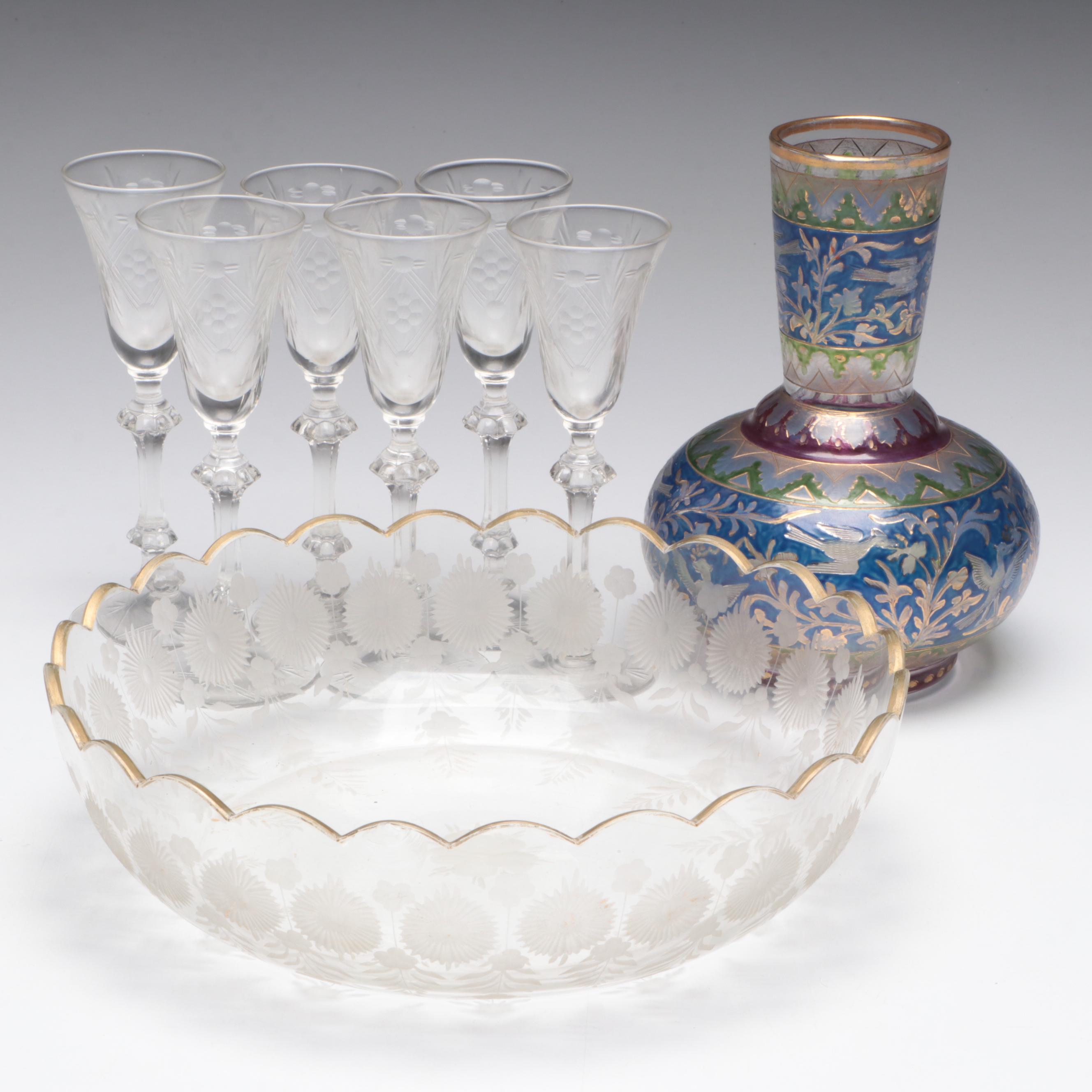 Bohemian Cut Enameled Glass Vase and Bowl with Georgian Style Cordials