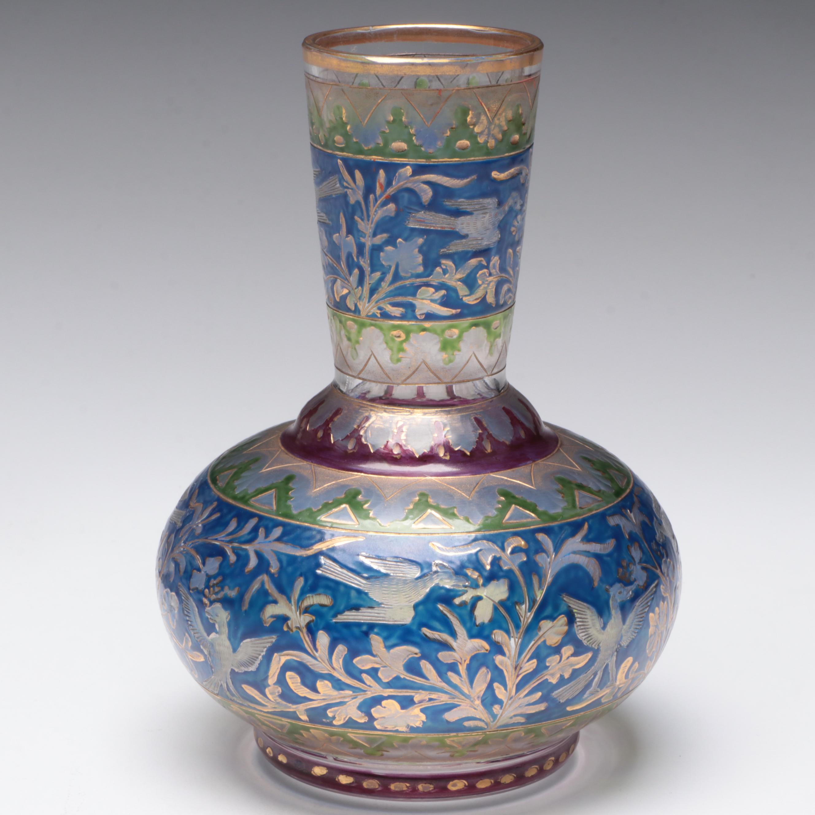 Bohemian Cut Enameled Glass Vase and Bowl with Georgian Style Cordials