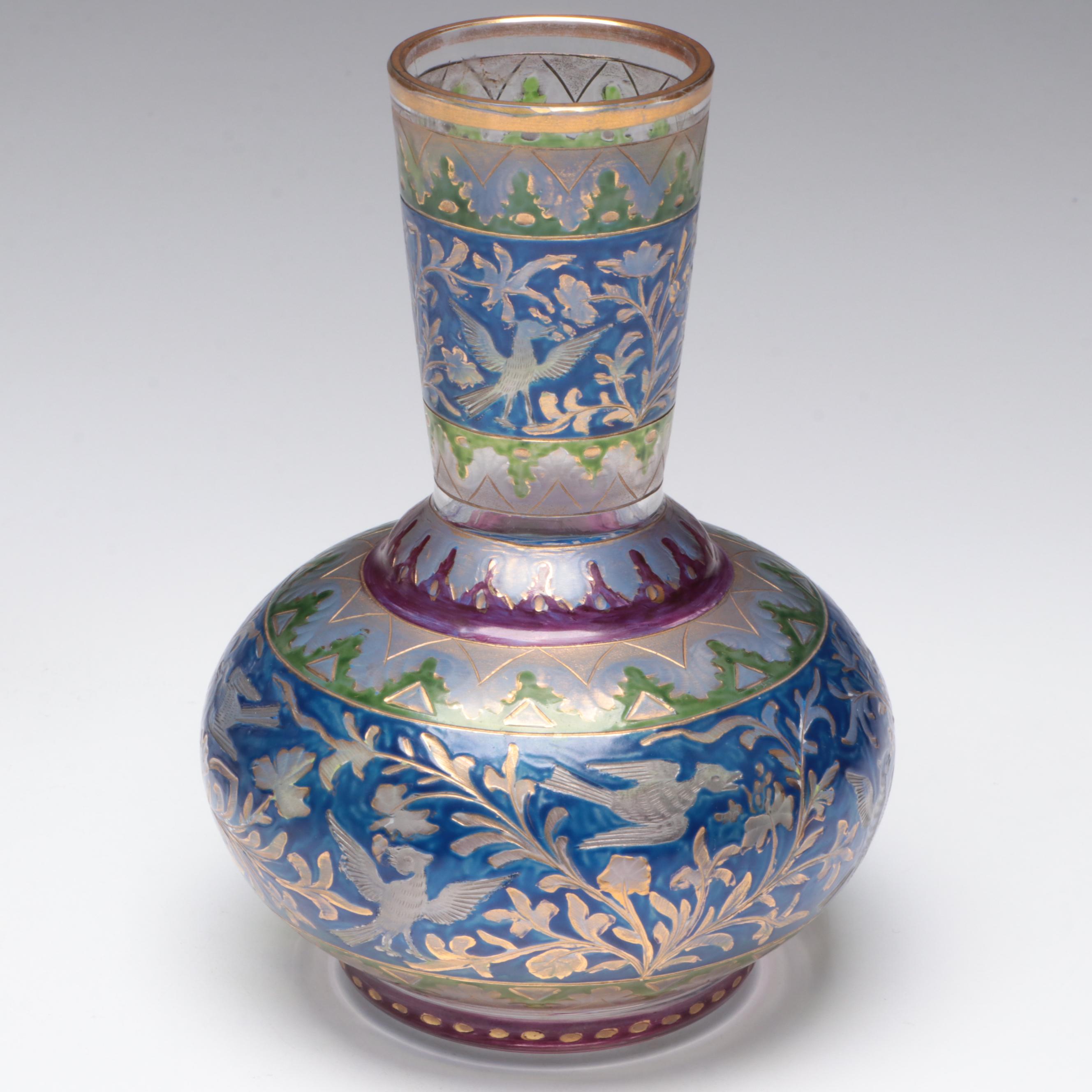 Bohemian Cut Enameled Glass Vase and Bowl with Georgian Style Cordials