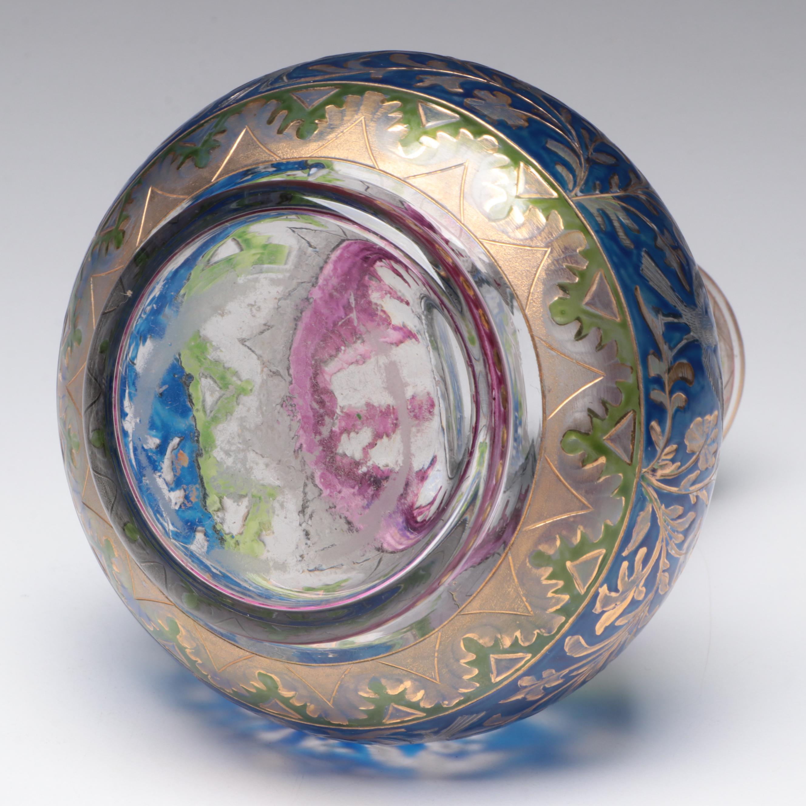 Bohemian Cut Enameled Glass Vase and Bowl with Georgian Style Cordials