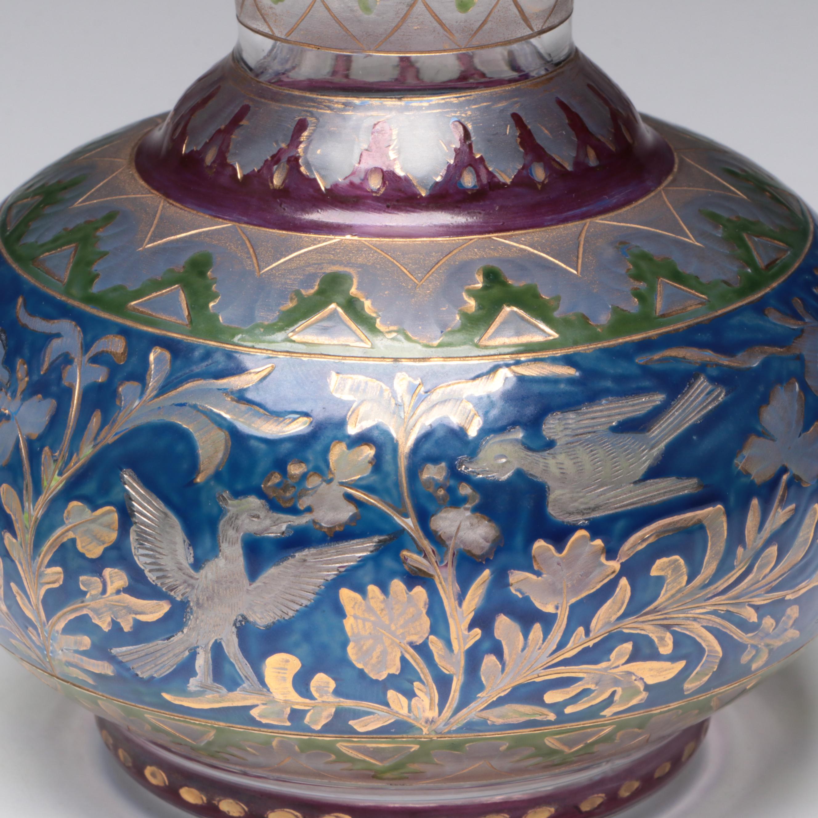 Bohemian Cut Enameled Glass Vase and Bowl with Georgian Style Cordials