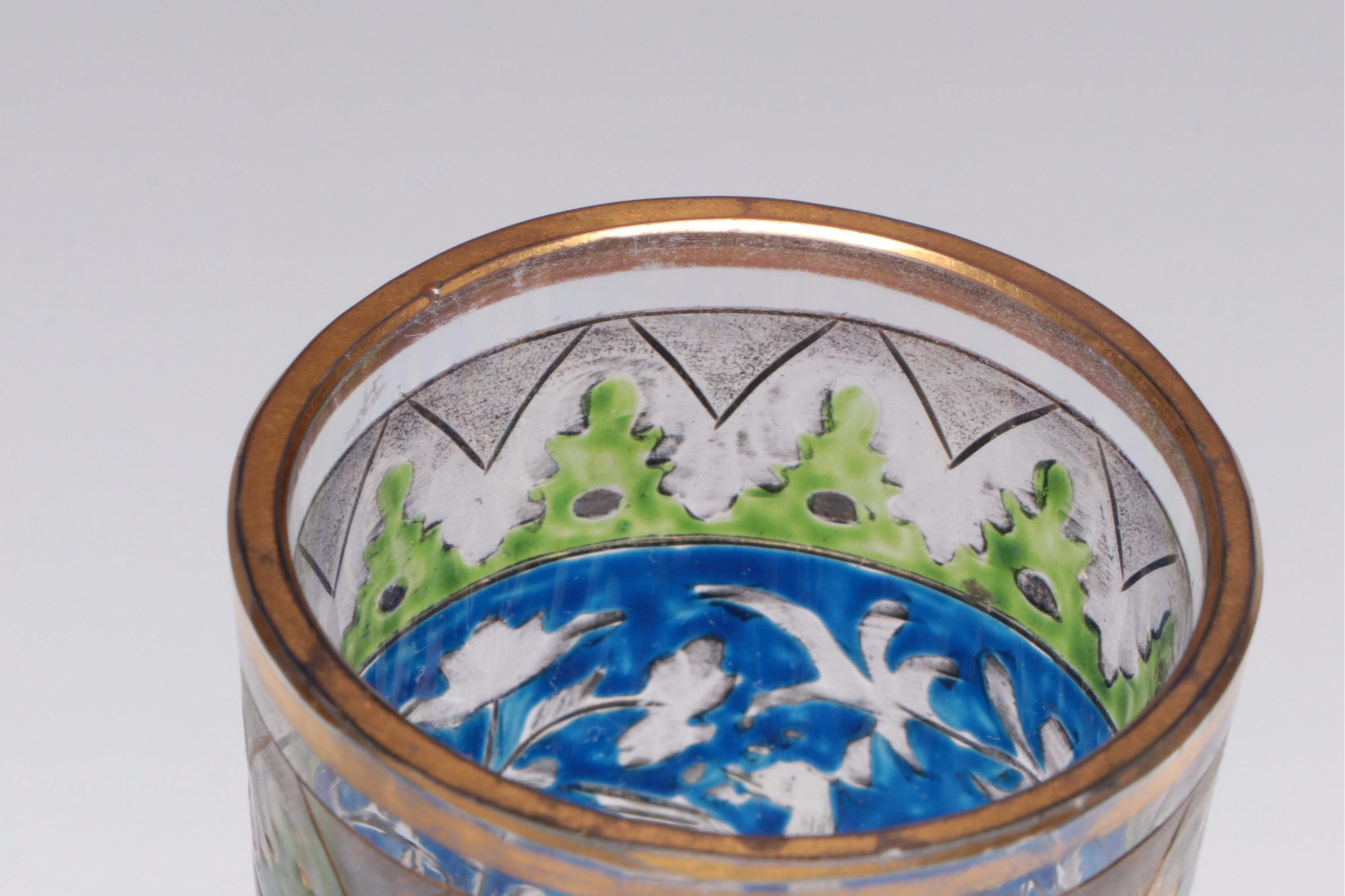 Bohemian Cut Enameled Glass Vase and Bowl with Georgian Style Cordials