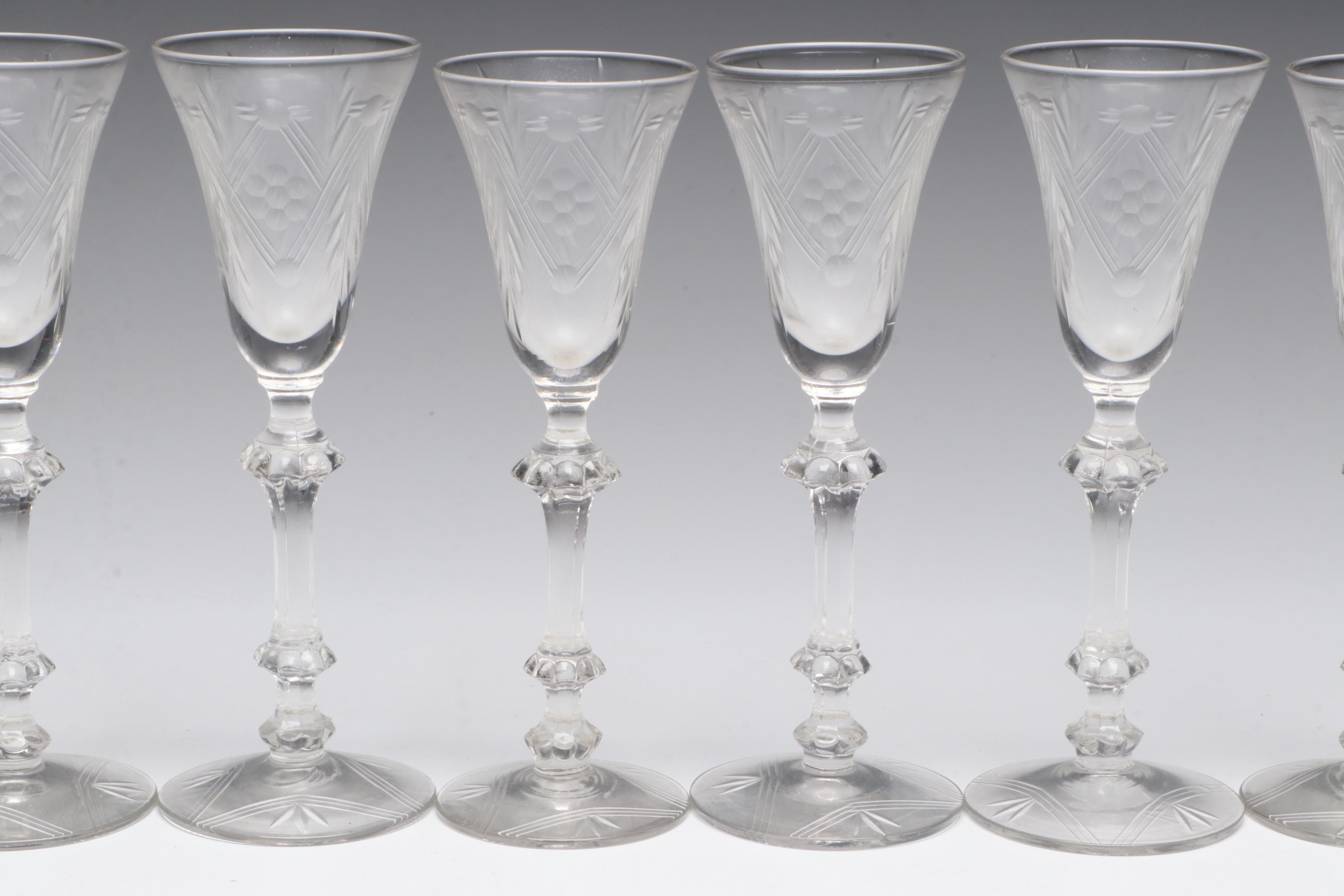 Bohemian Cut Enameled Glass Vase and Bowl with Georgian Style Cordials