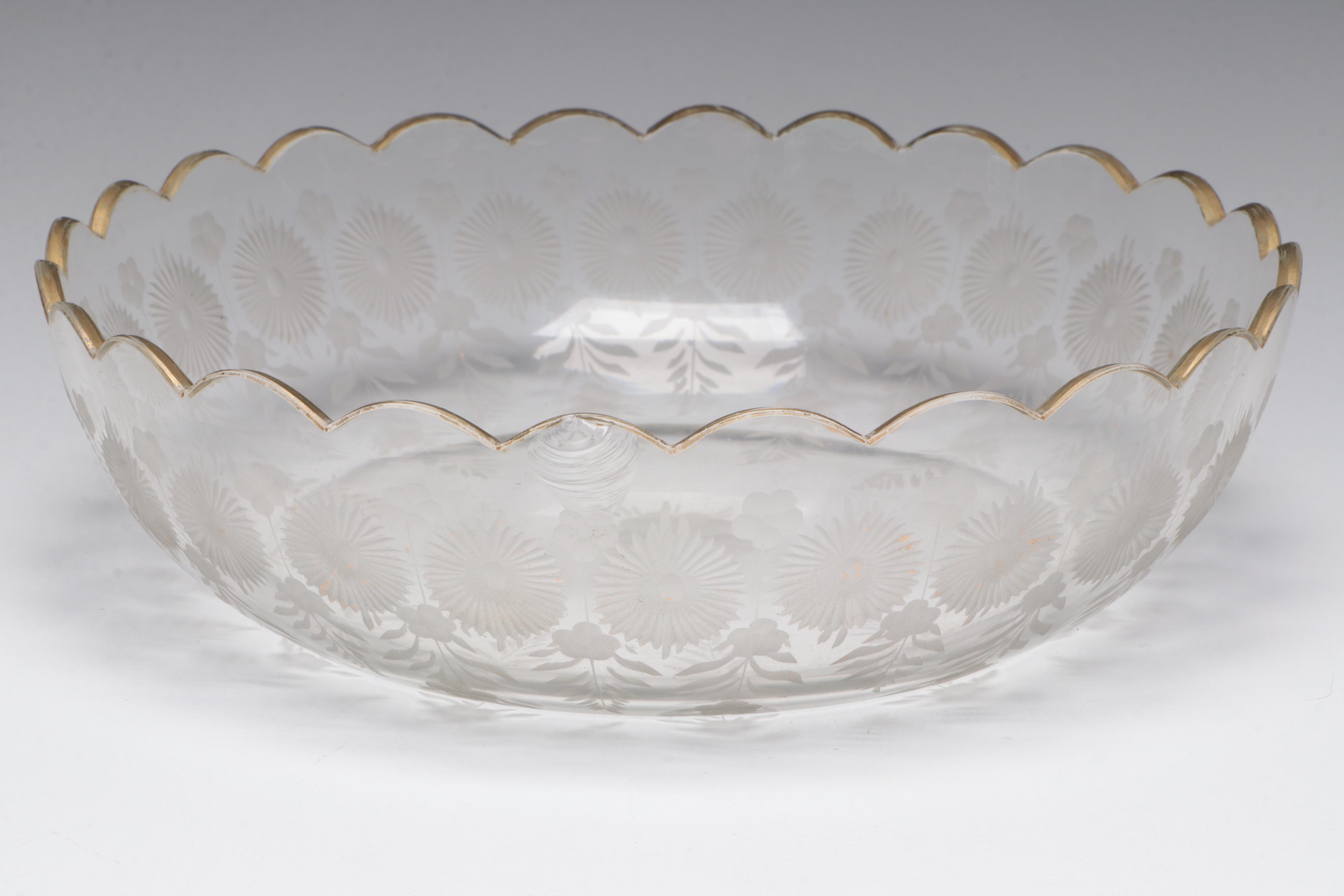 Bohemian Cut Enameled Glass Vase and Bowl with Georgian Style Cordials