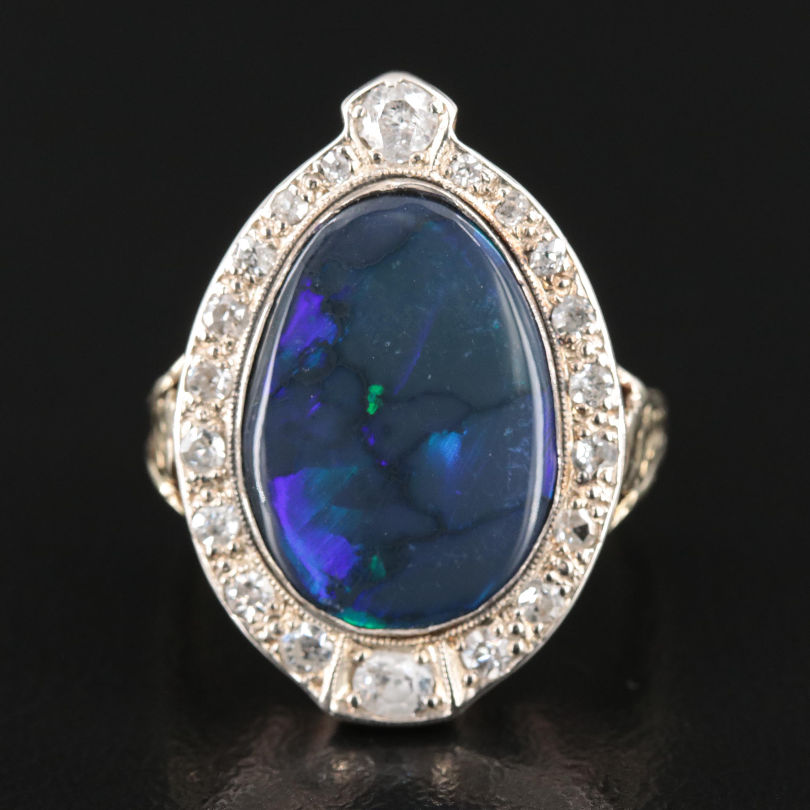 10K and 14K Black Opal and Diamond Ring with GIA Report