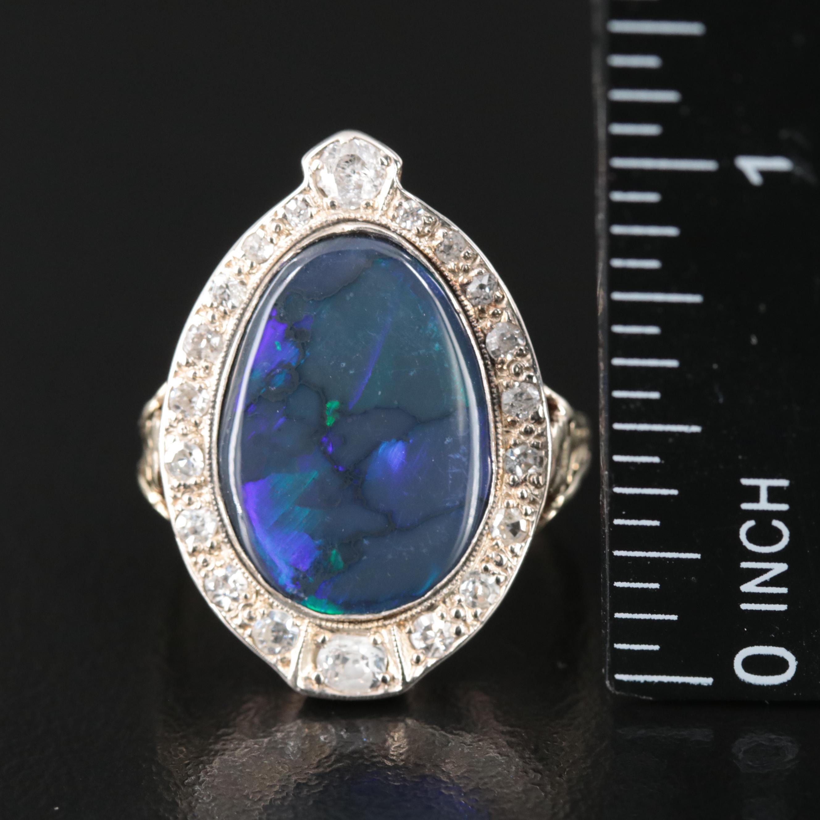 10K and 14K Black Opal and Diamond Ring with GIA Report