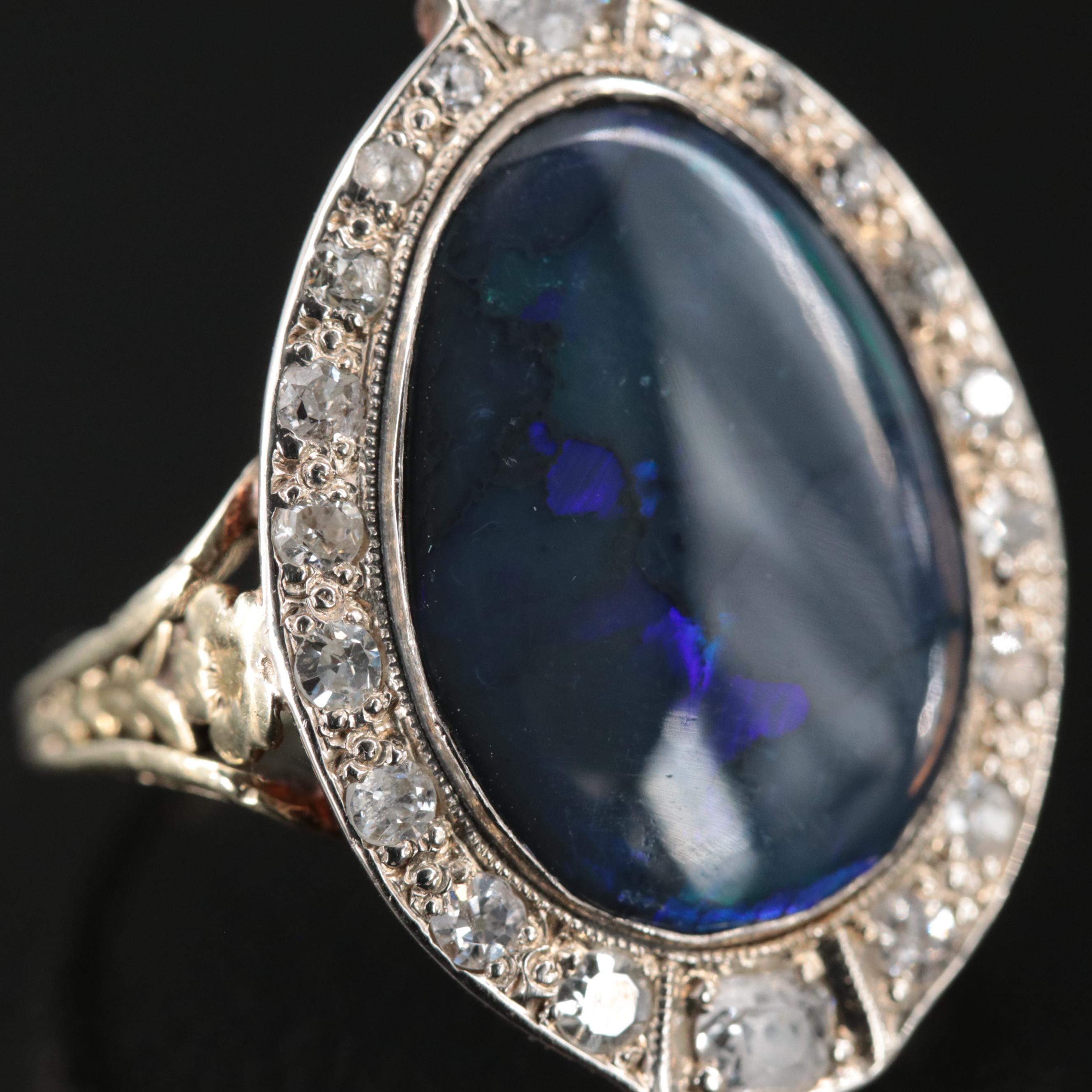10K and 14K Black Opal and Diamond Ring with GIA Report