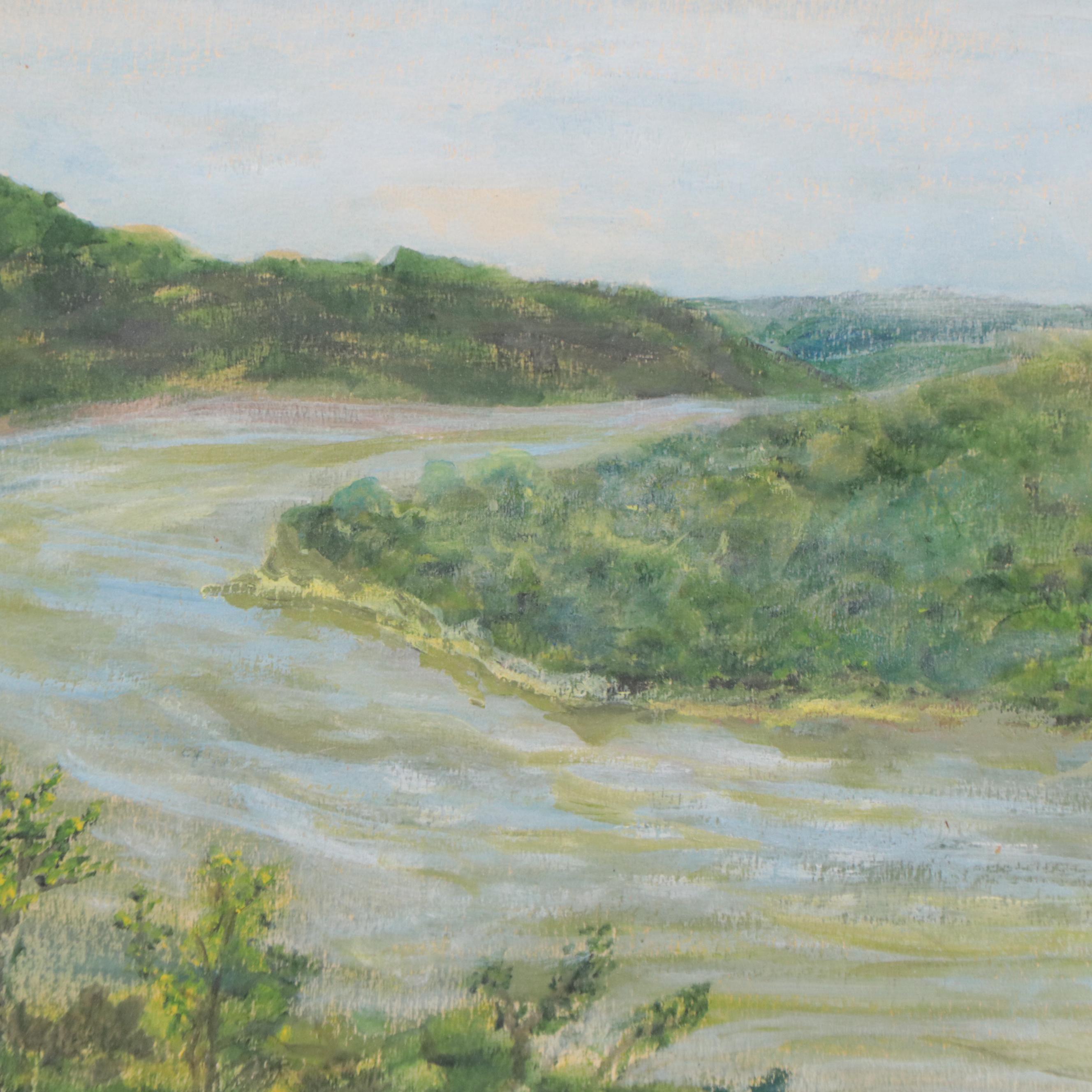 Landscape Acrylic Painting of the Ohio River, Mid 20th Century