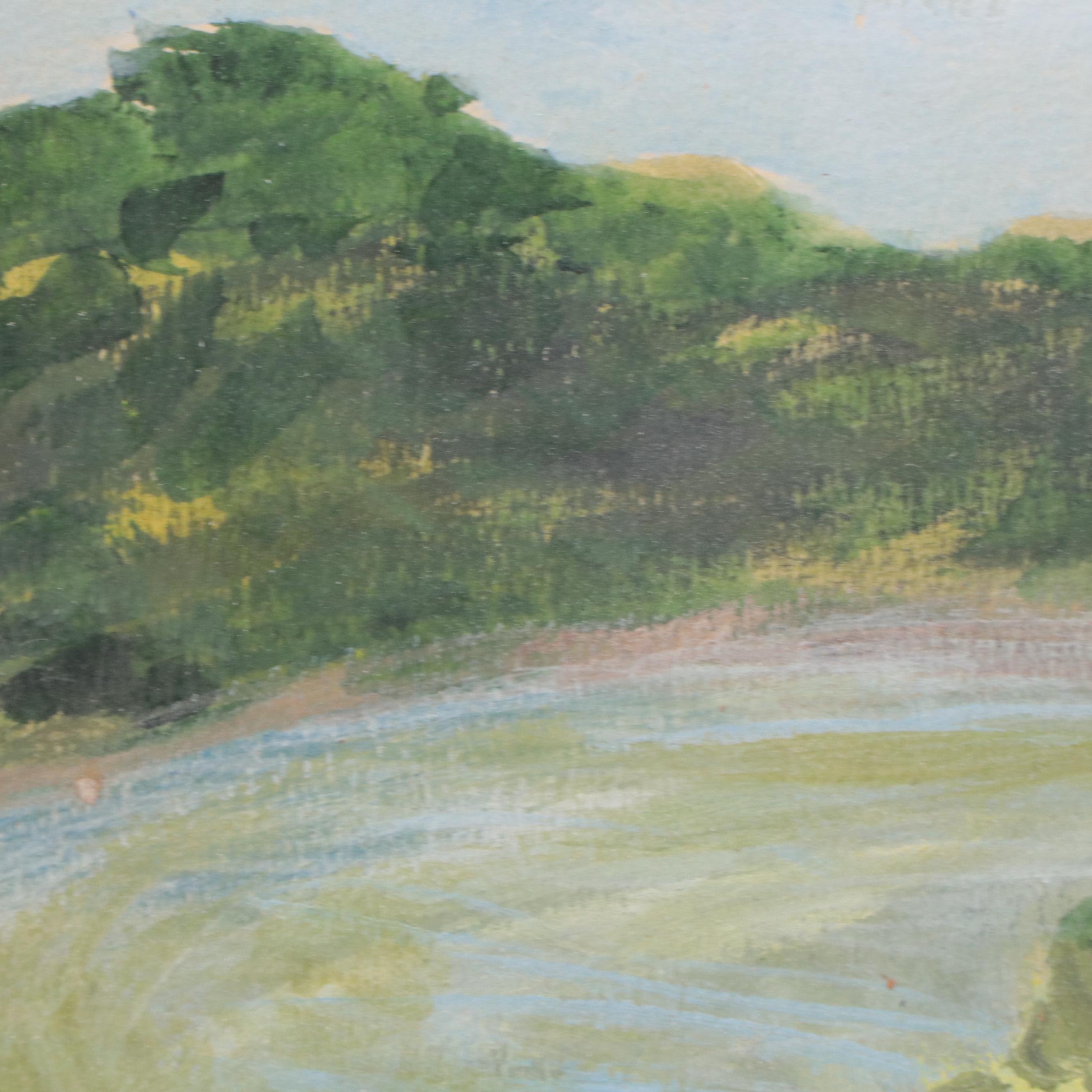 Landscape Acrylic Painting of the Ohio River, Mid 20th Century